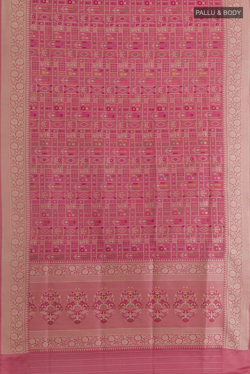 Flat view of Pure Silk Pink Banarasi Saree with Zari Brocade on the body and Zari Border. 