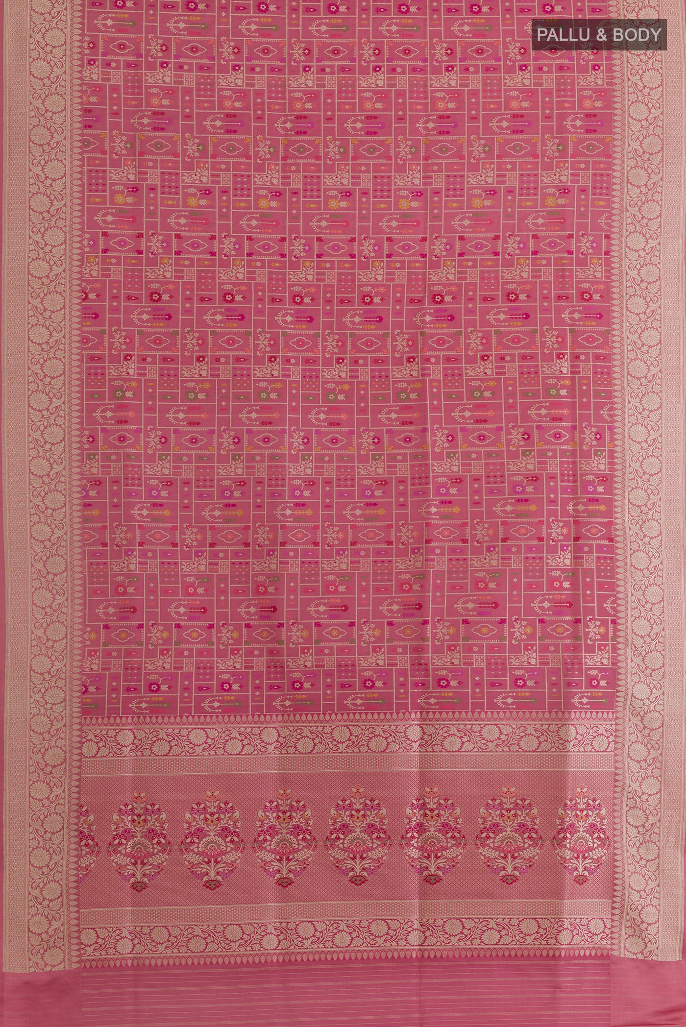 Flat view of Pure Silk Pink Banarasi Saree with Zari Brocade on the body and Zari Border. 