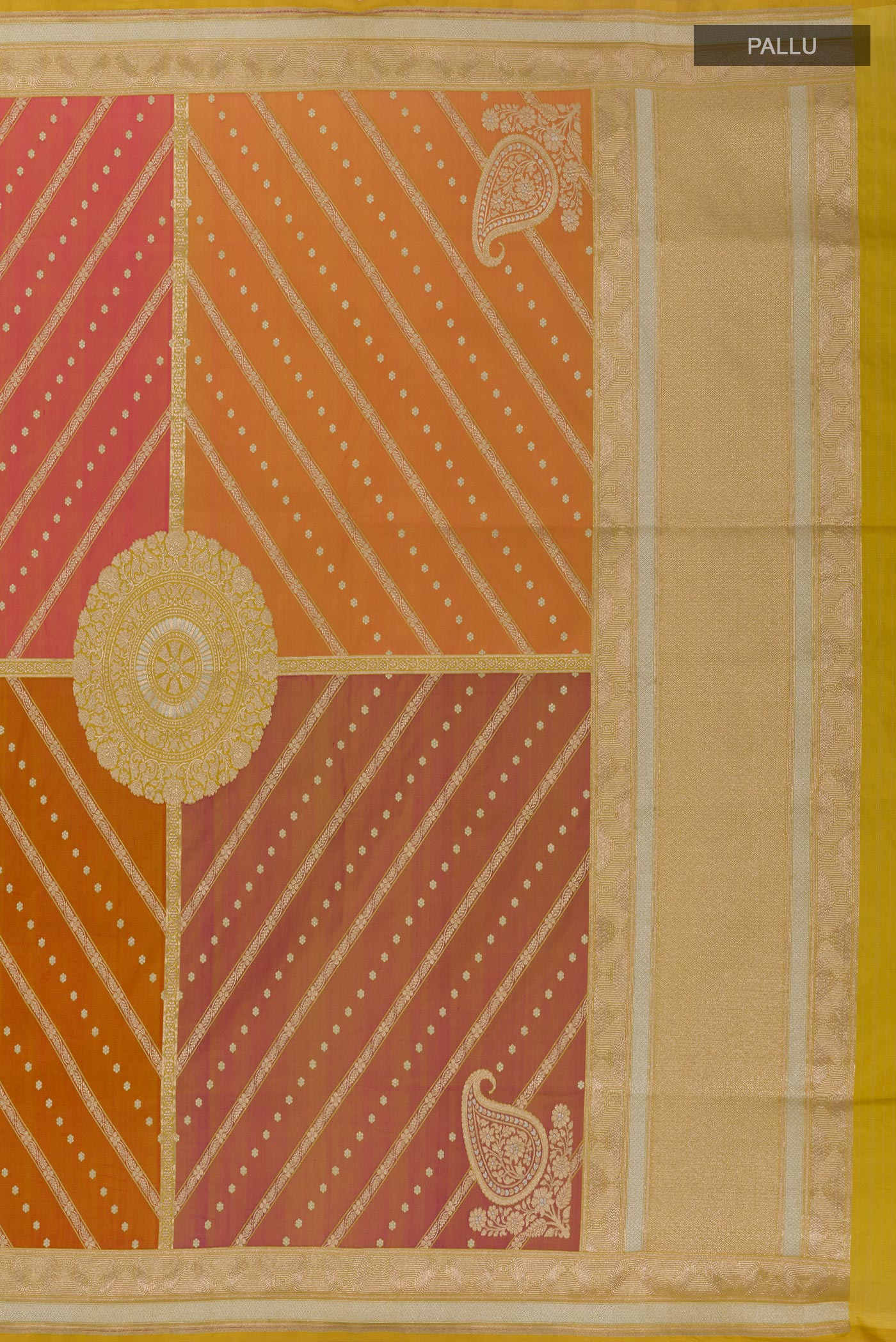Close up image of the pallu of Mehandi Green Banarasi Silk Saree with Zari Butta on the body and Zari Border. 