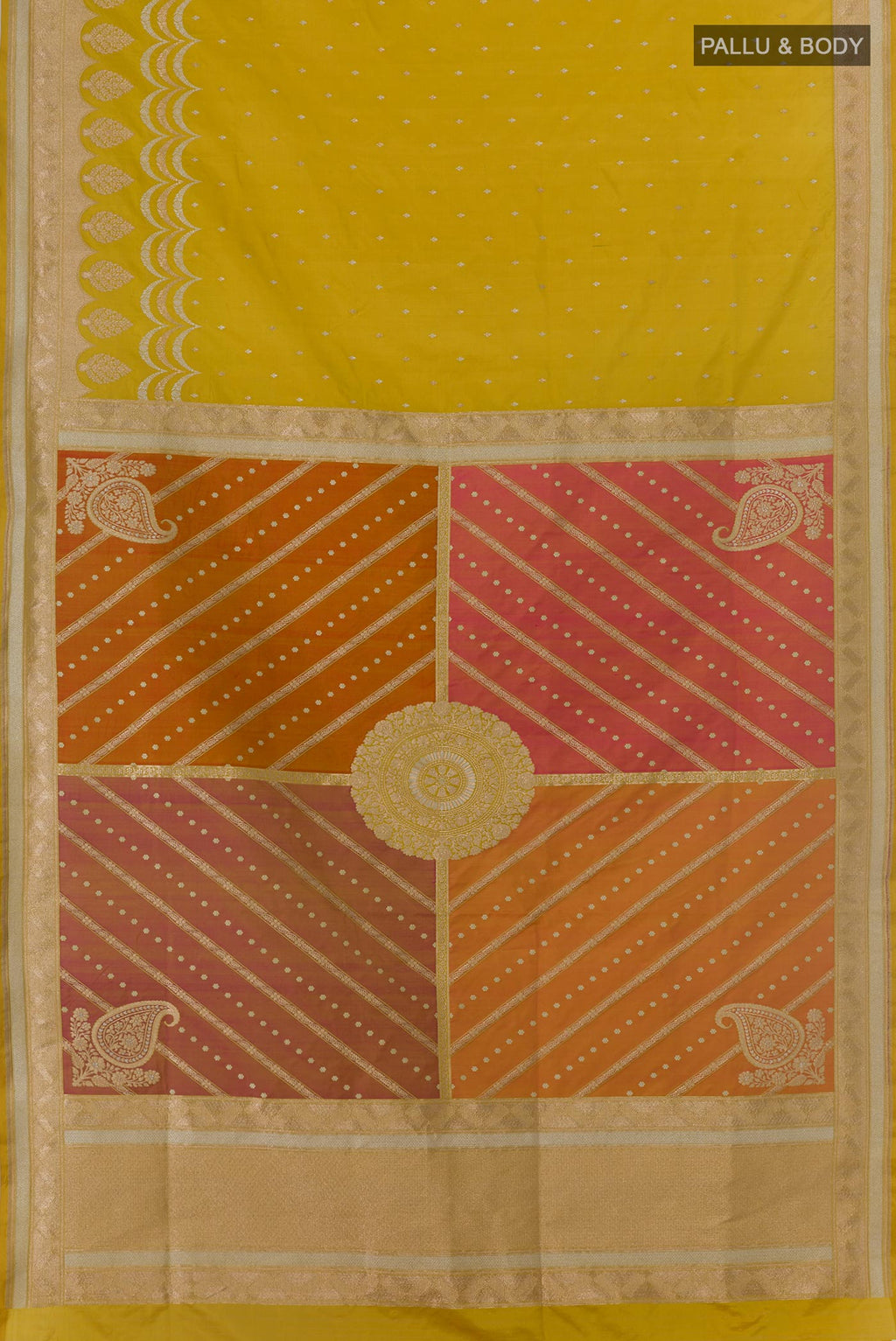 Flat view of Mehandi Green Banarasi Silk Saree with Zari Butta on the body and Zari Border. 