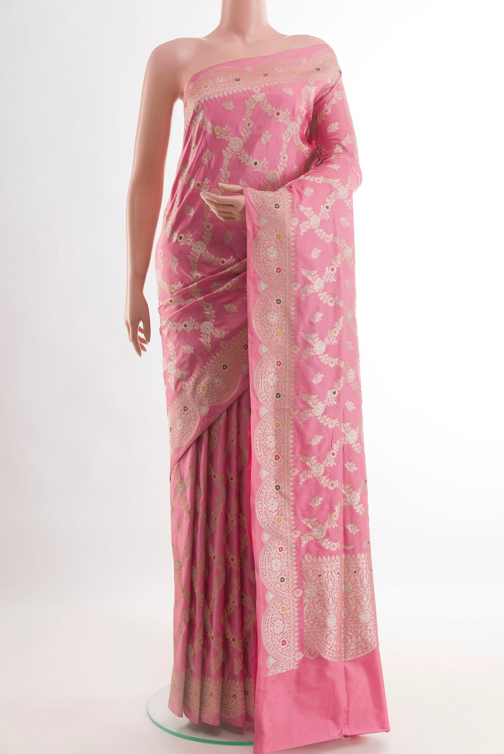 Pink Banarasi Silk Saree with Zari Brocade on the body and Zari Border.  displayed on a mannequin