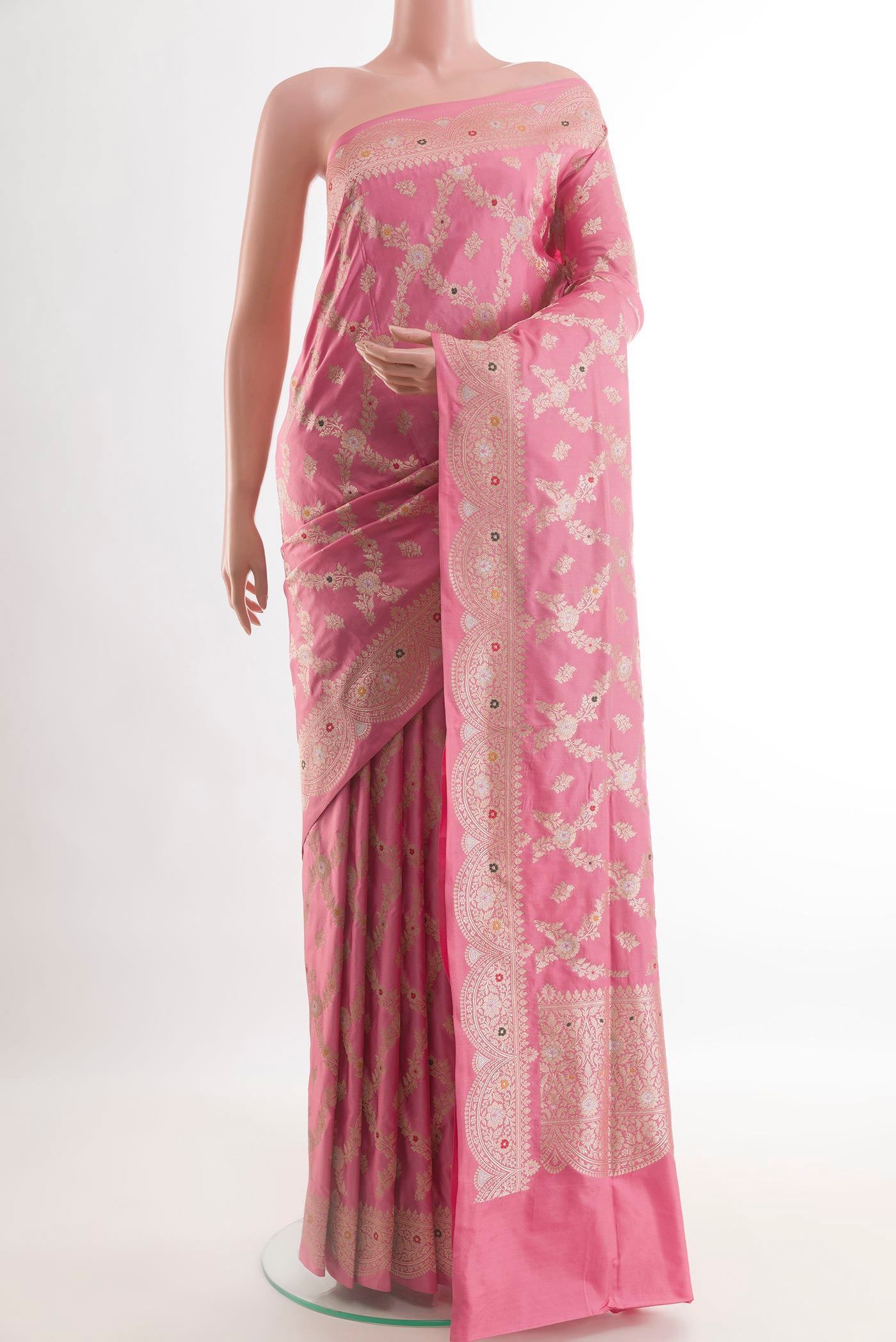 Pink Banarasi Silk Saree with Zari Brocade on the body and Zari Border.  displayed on a mannequin
