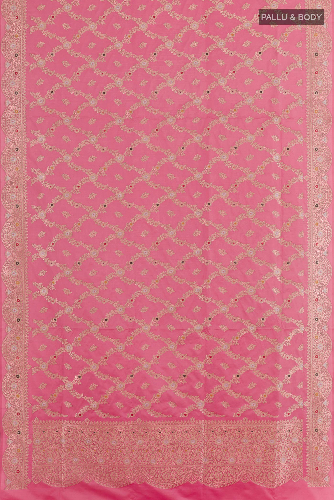 Flat view of Pink Banarasi Silk Saree with Zari Brocade on the body and Zari Border. 