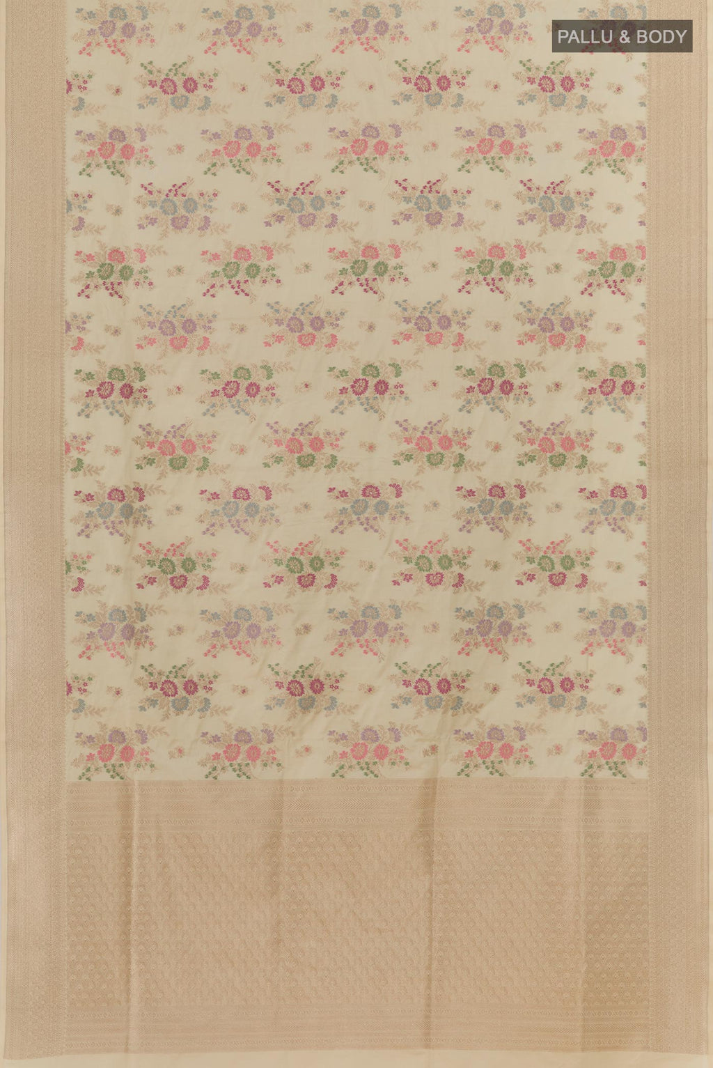 Flat view of Cream Banarasi Silk Saree with Zari Brocade on the body and Zari Border. 