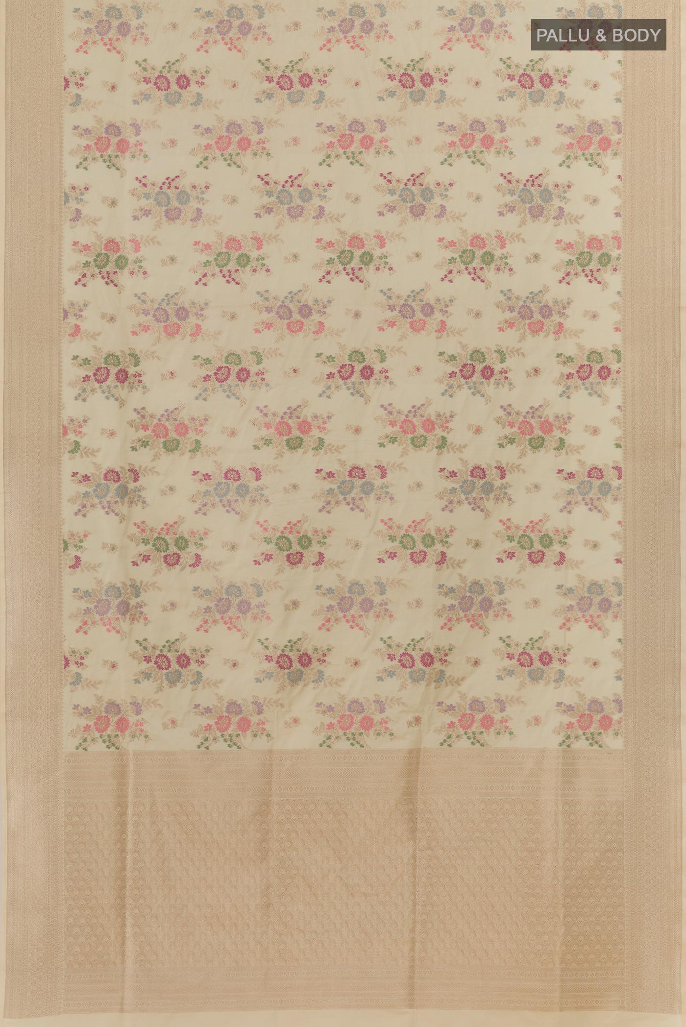 Flat view of Cream Banarasi Silk Saree with Zari Brocade on the body and Zari Border. 