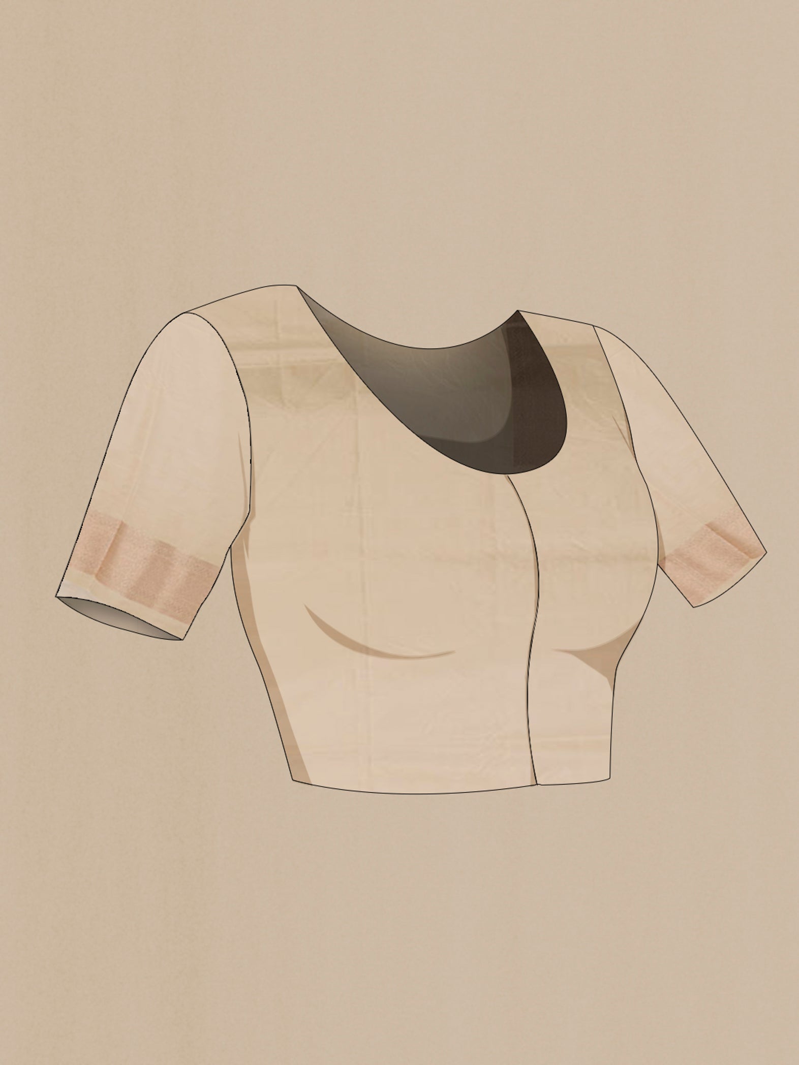 Close up image of the blouse of Cream Banarasi Silk Saree with Zari Brocade on the body and Zari Border. 