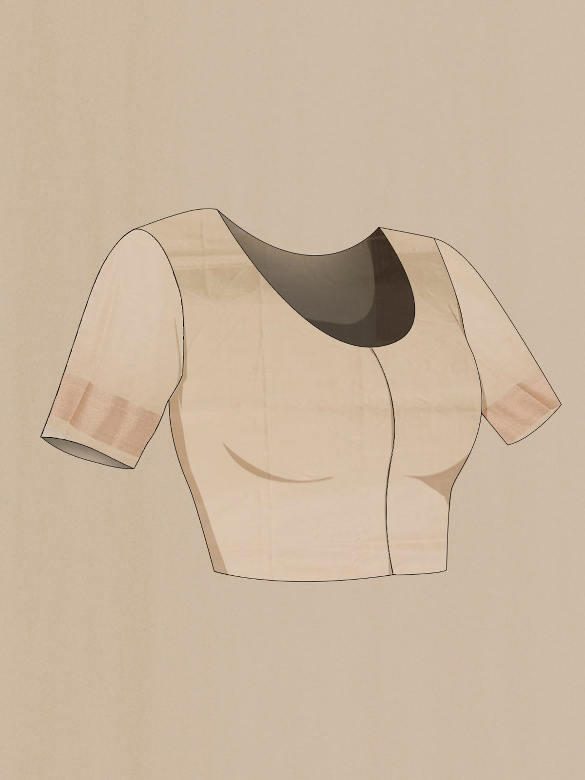Close up image of the blouse of Cream Banarasi Silk Saree with Zari Brocade on the body and Zari Border. 