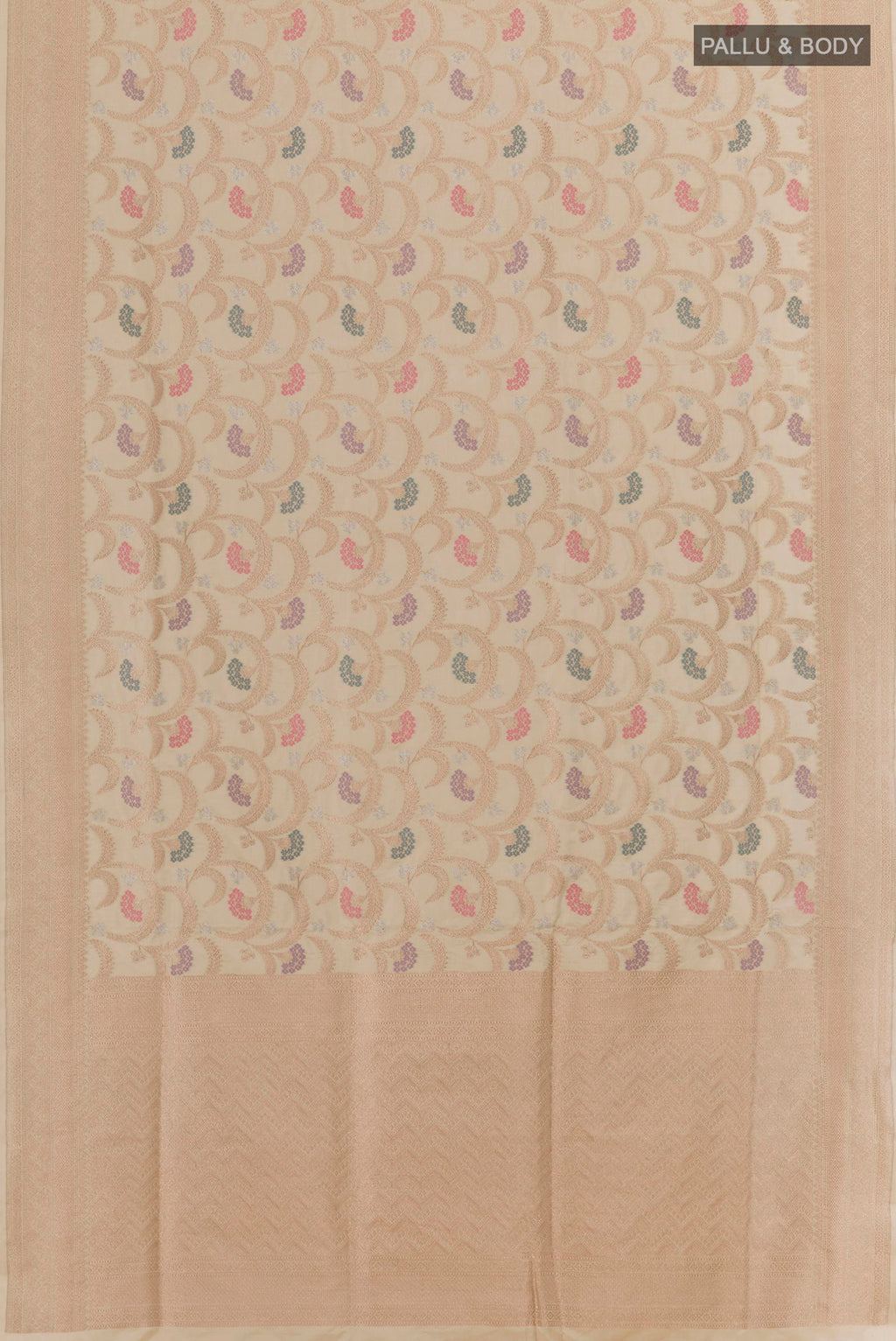 Flat view of Cream Banarasi Silk Saree with Zari Brocade on the body and Zari Border. 