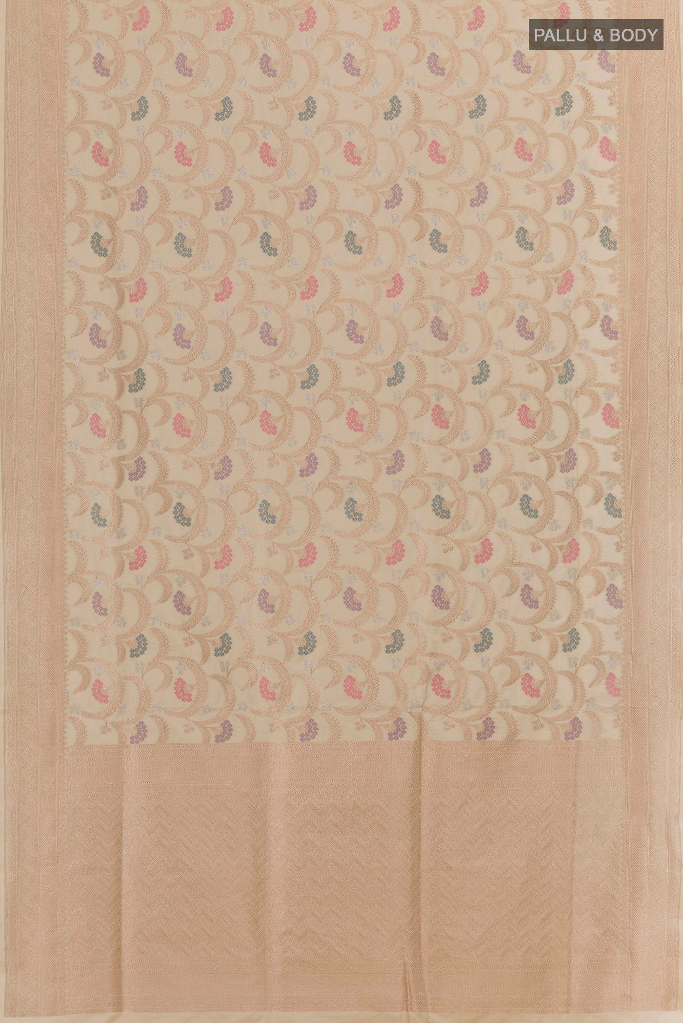Flat view of Cream Banarasi Silk Saree with Zari Brocade on the body and Zari Border. 