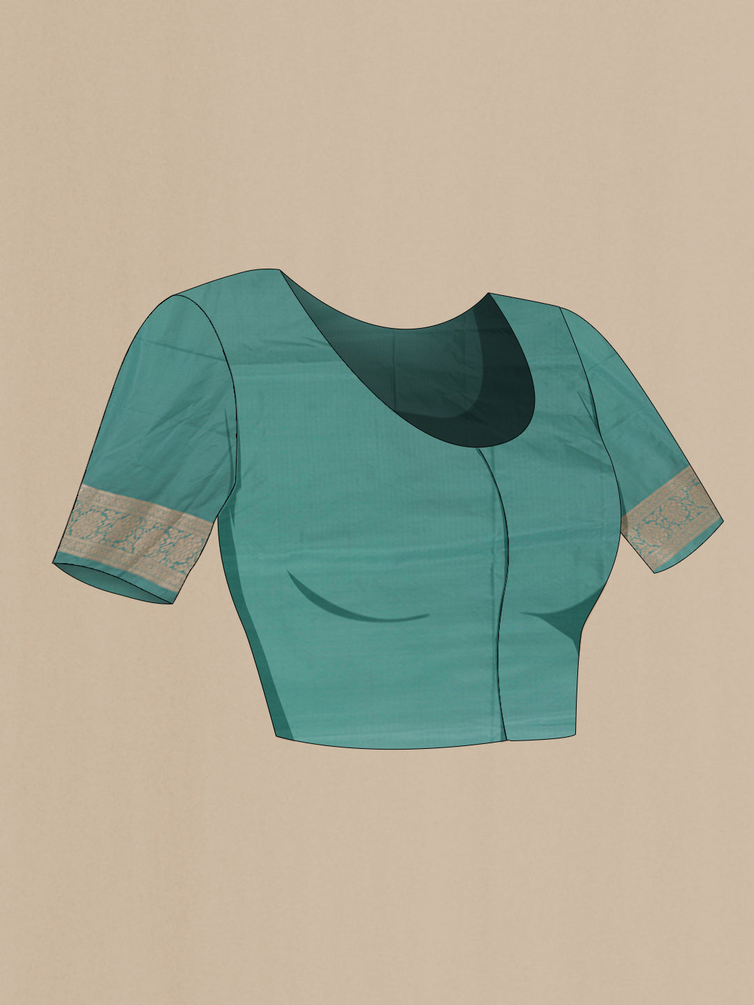 Close up image of the blouse of Blue Banarasi Silk Saree with Zari Brocade on the body and Zari Border. 