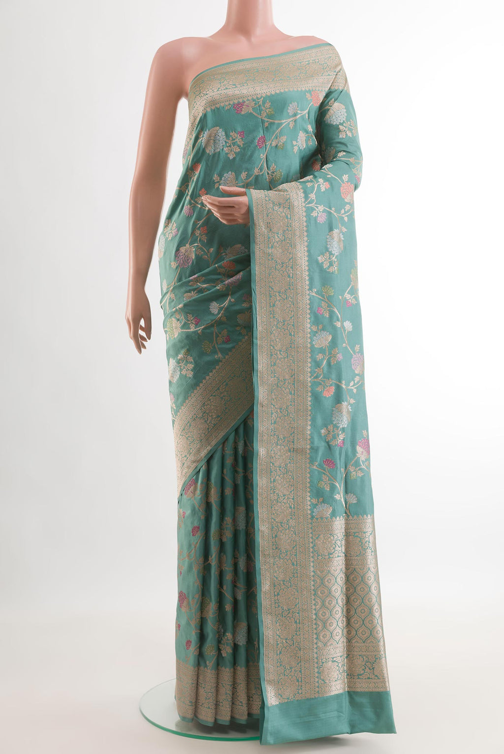 Blue Banarasi Silk Saree with Zari Brocade on the body and Zari Border.  displayed on a mannequin