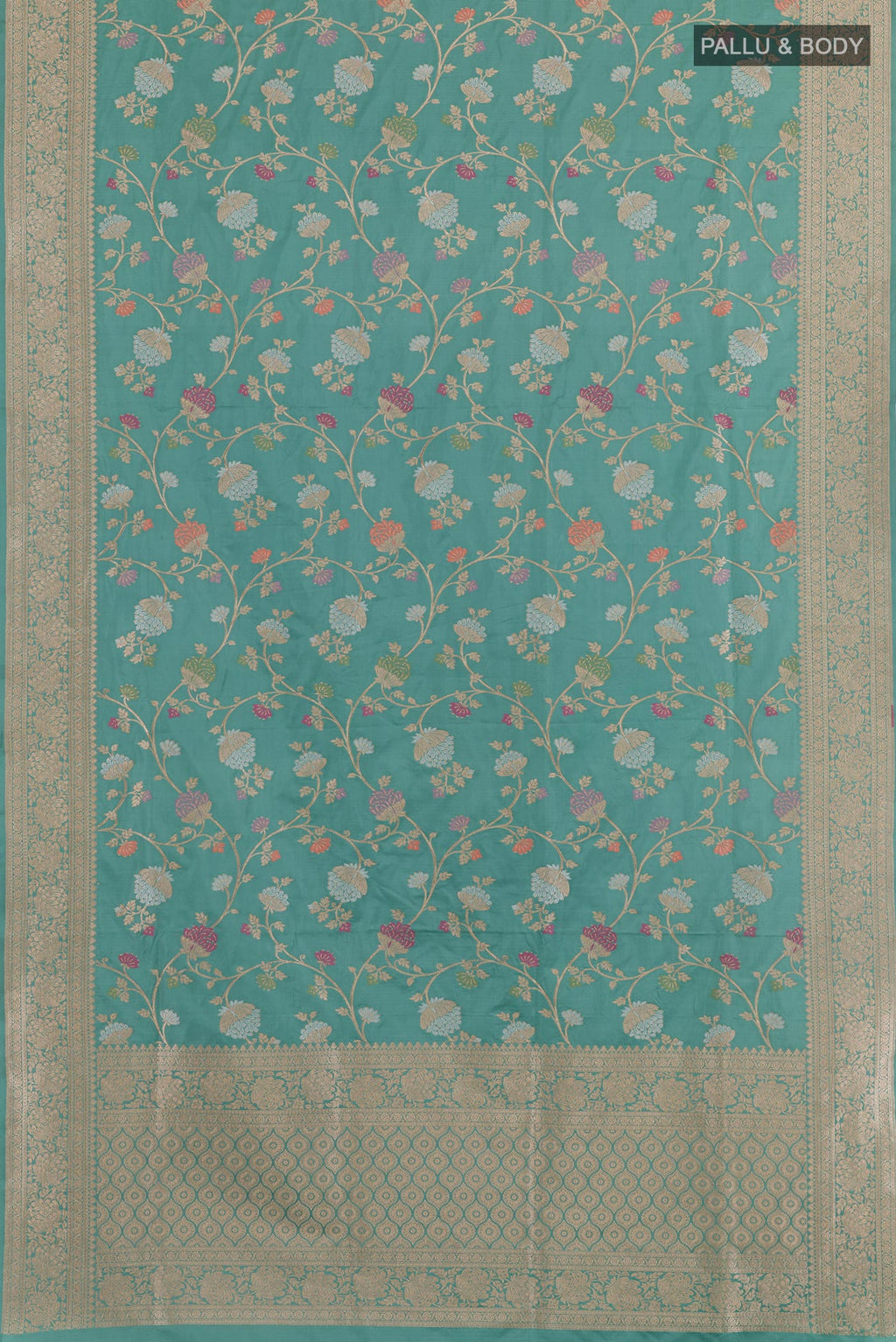 Flat view of Blue Banarasi Silk Saree with Zari Brocade on the body and Zari Border. 