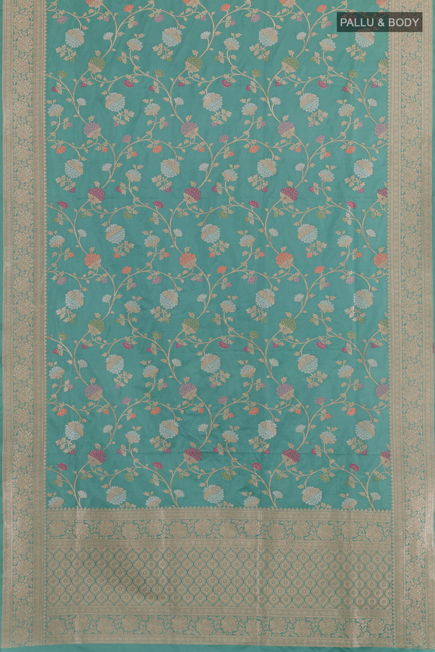 Flat view of Blue Banarasi Silk Saree with Zari Brocade on the body and Zari Border. 