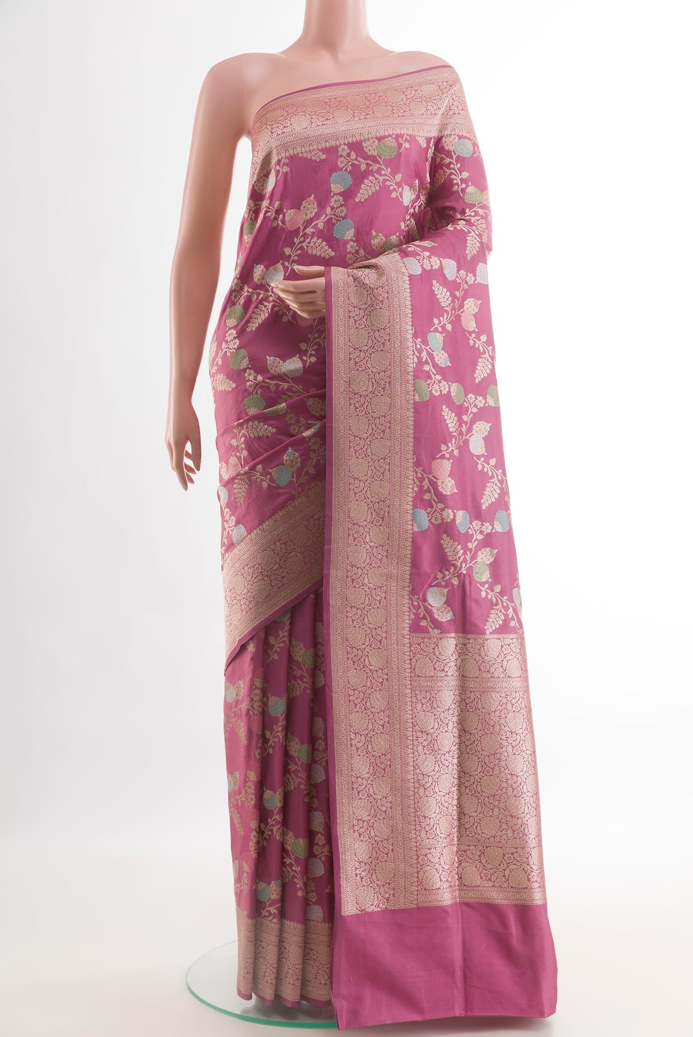 Pink Banarasi Silk Saree with Zari Brocade on the body and Zari Border.  displayed on a mannequin