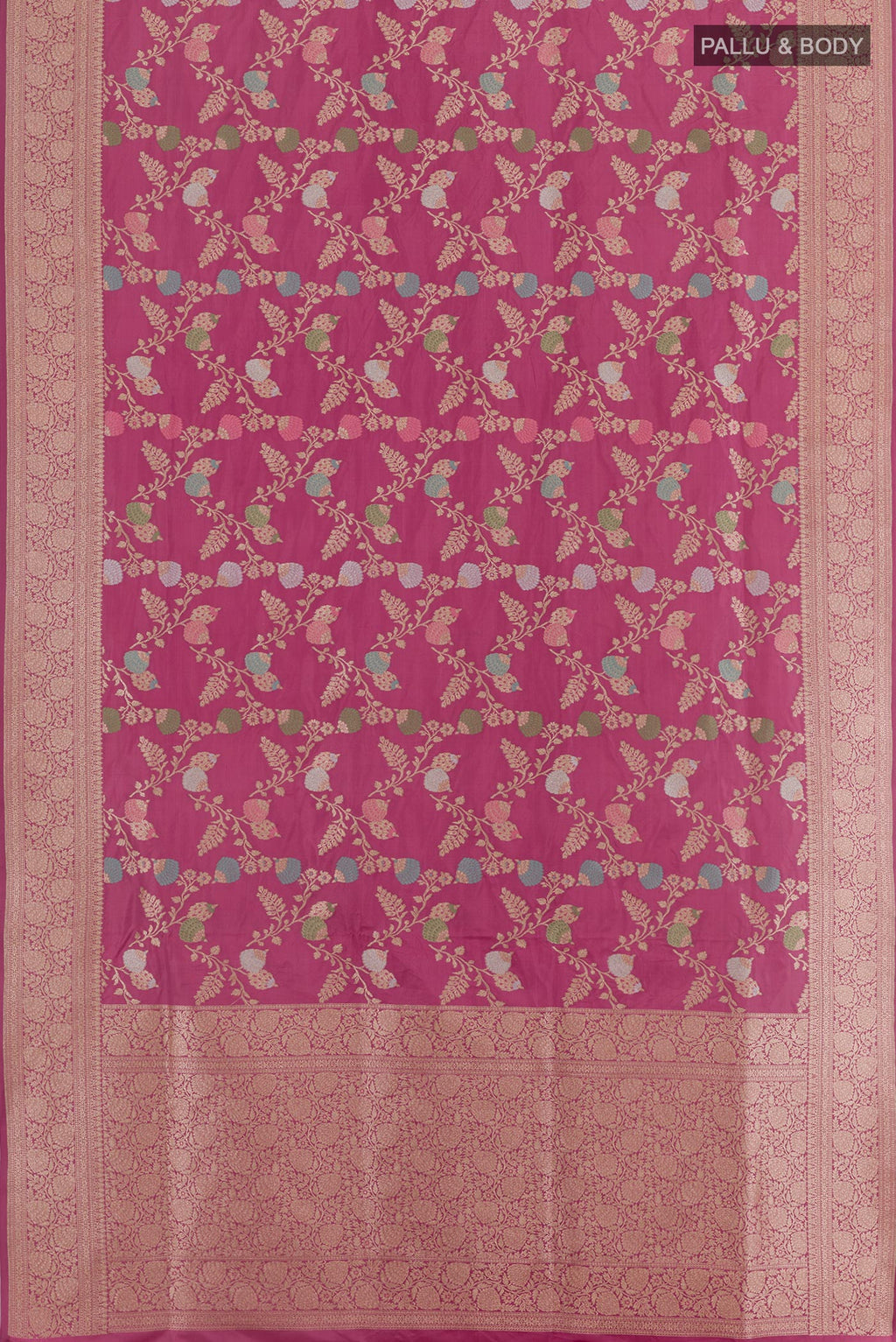 Flat view of Pink Banarasi Silk Saree with Zari Brocade on the body and Zari Border. 