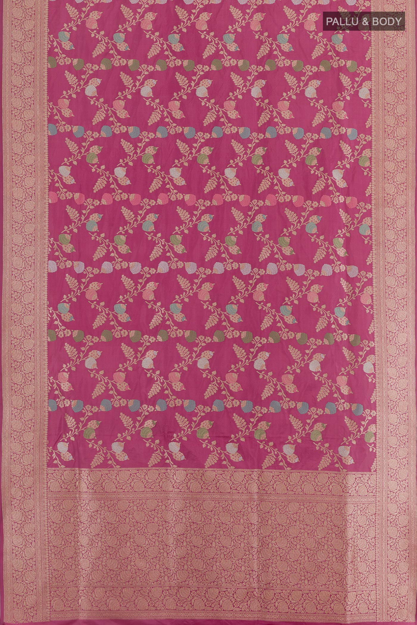 Flat view of Pink Banarasi Silk Saree with Zari Brocade on the body and Zari Border. 