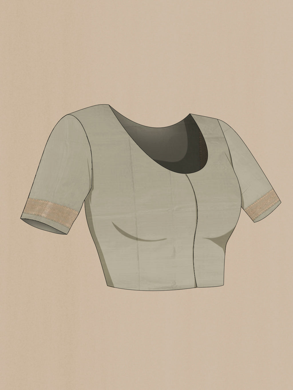 Close up image of the blouse of Grey Banarasi Silk Saree with Zari Brocade on the body and Zari Border. 