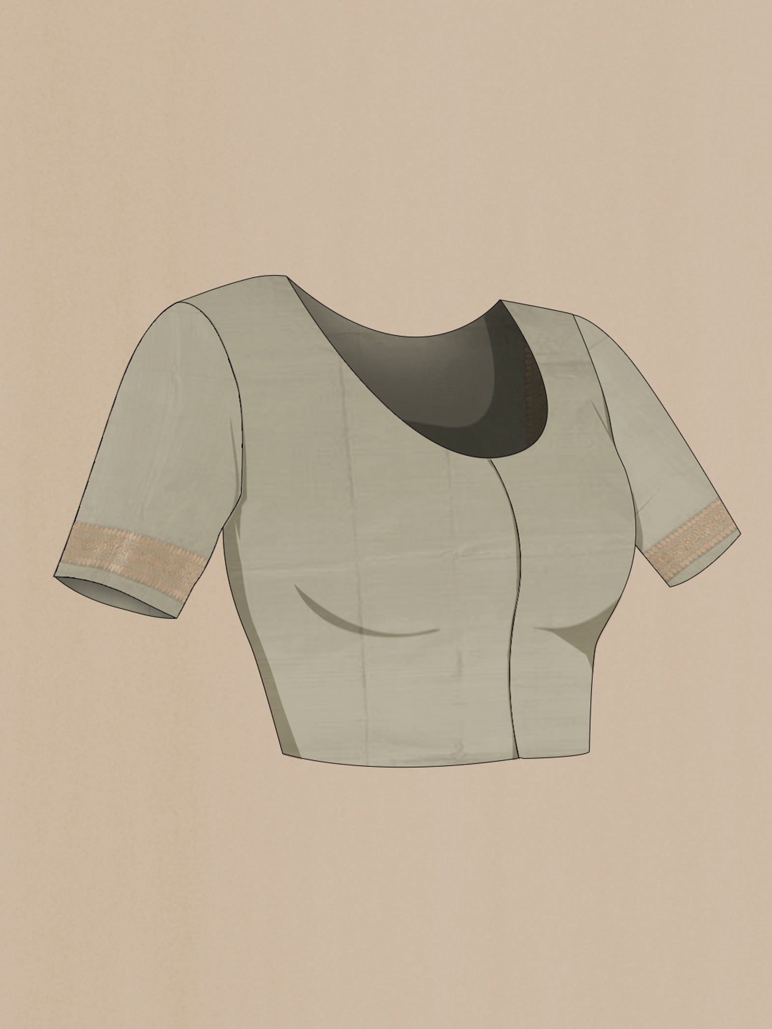 Close up image of the blouse of Grey Banarasi Silk Saree with Zari Brocade on the body and Zari Border. 