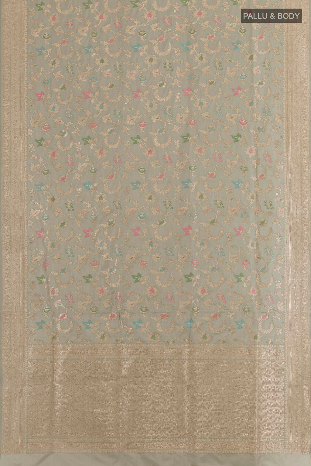 Flat view of Grey Banarasi Silk Saree with Zari Brocade on the body and Zari Border. 