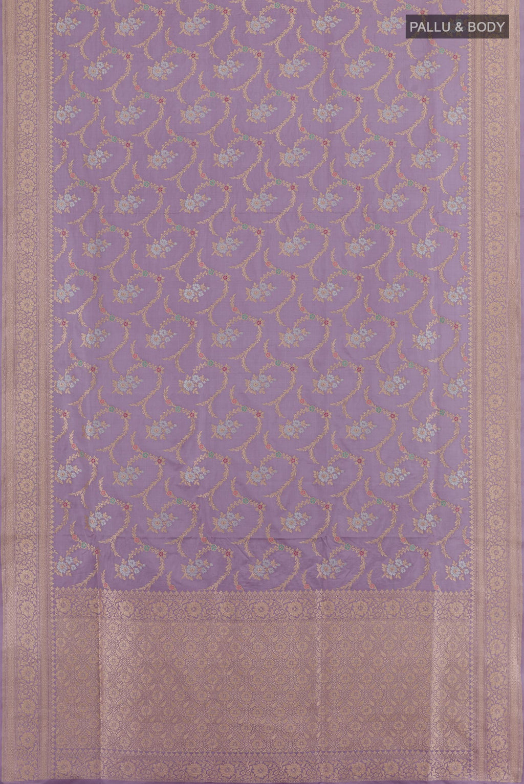 Flat view of Lilac Banarasi Silk Saree with Zari Brocade on the body and Zari Border. 