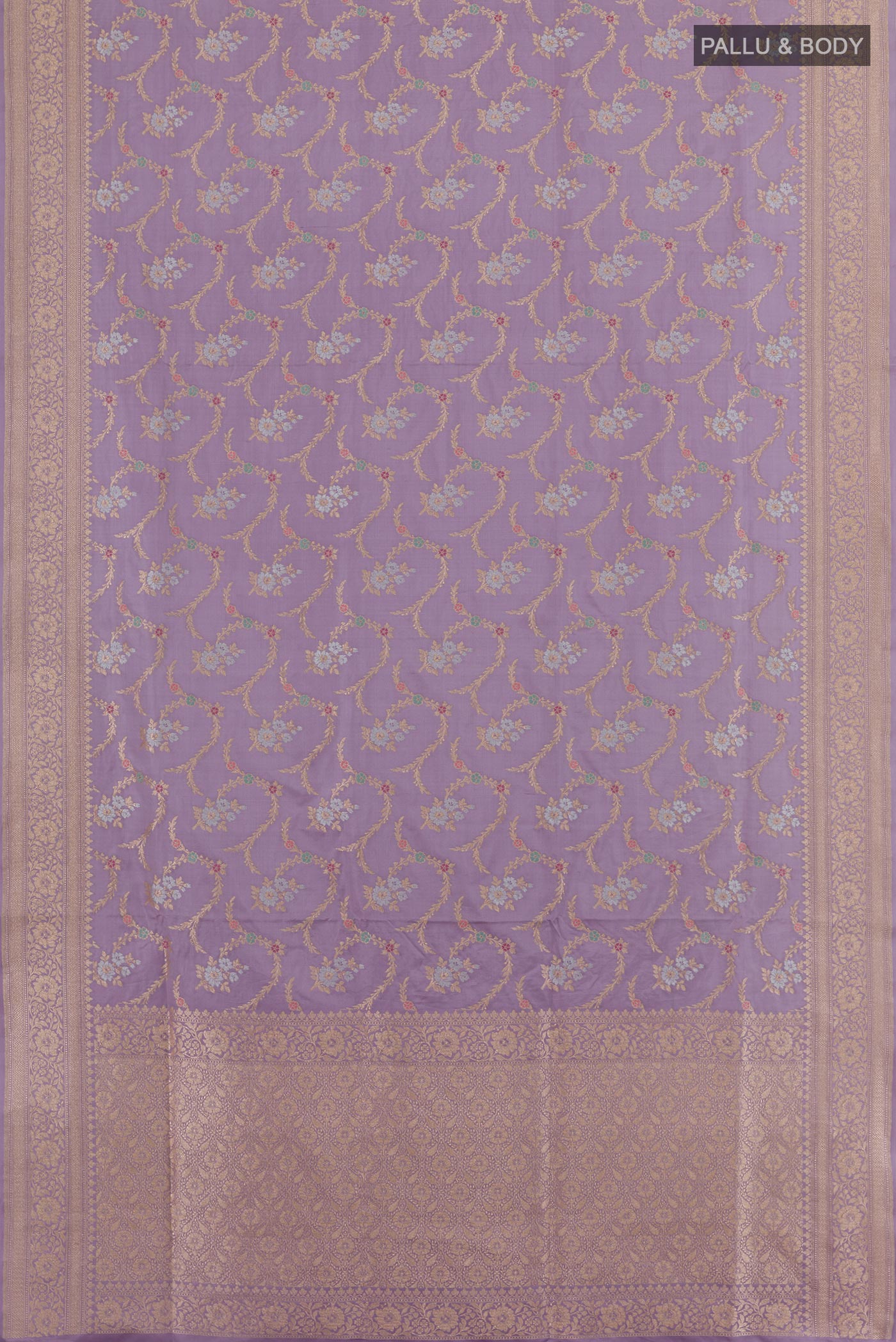 Flat view of Lilac Banarasi Silk Saree with Zari Brocade on the body and Zari Border. 