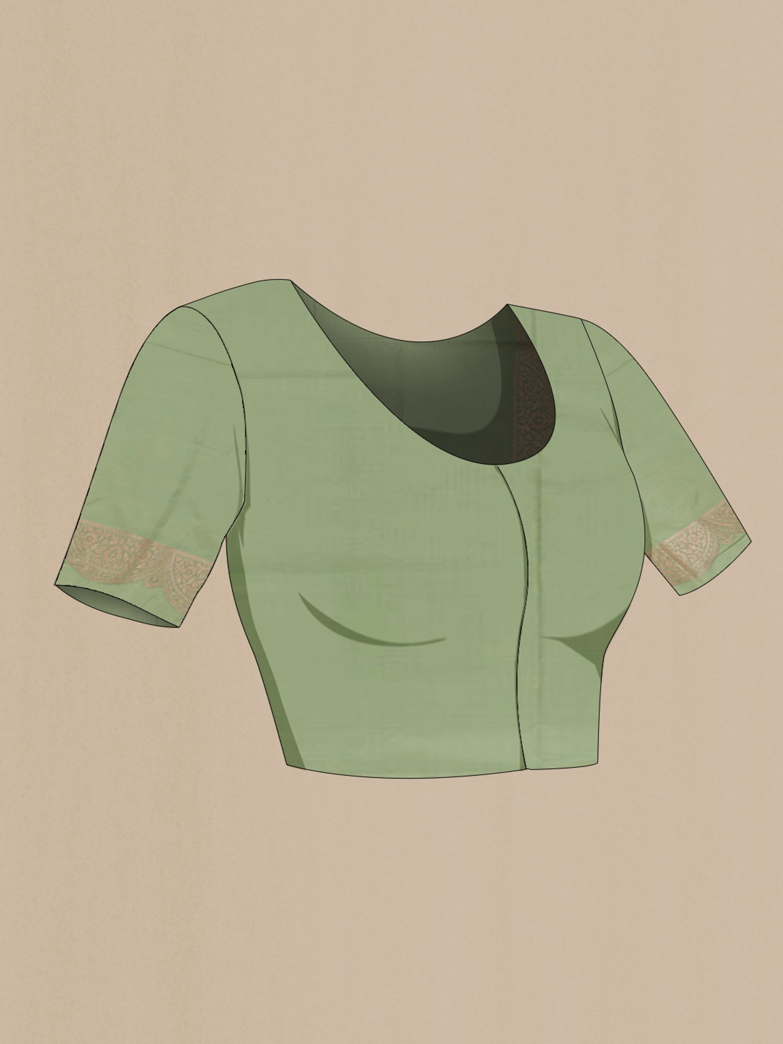 Close up image of the blouse of Light Green Banarasi Silk Saree with Zari Brocade on the body and Zari Border. 