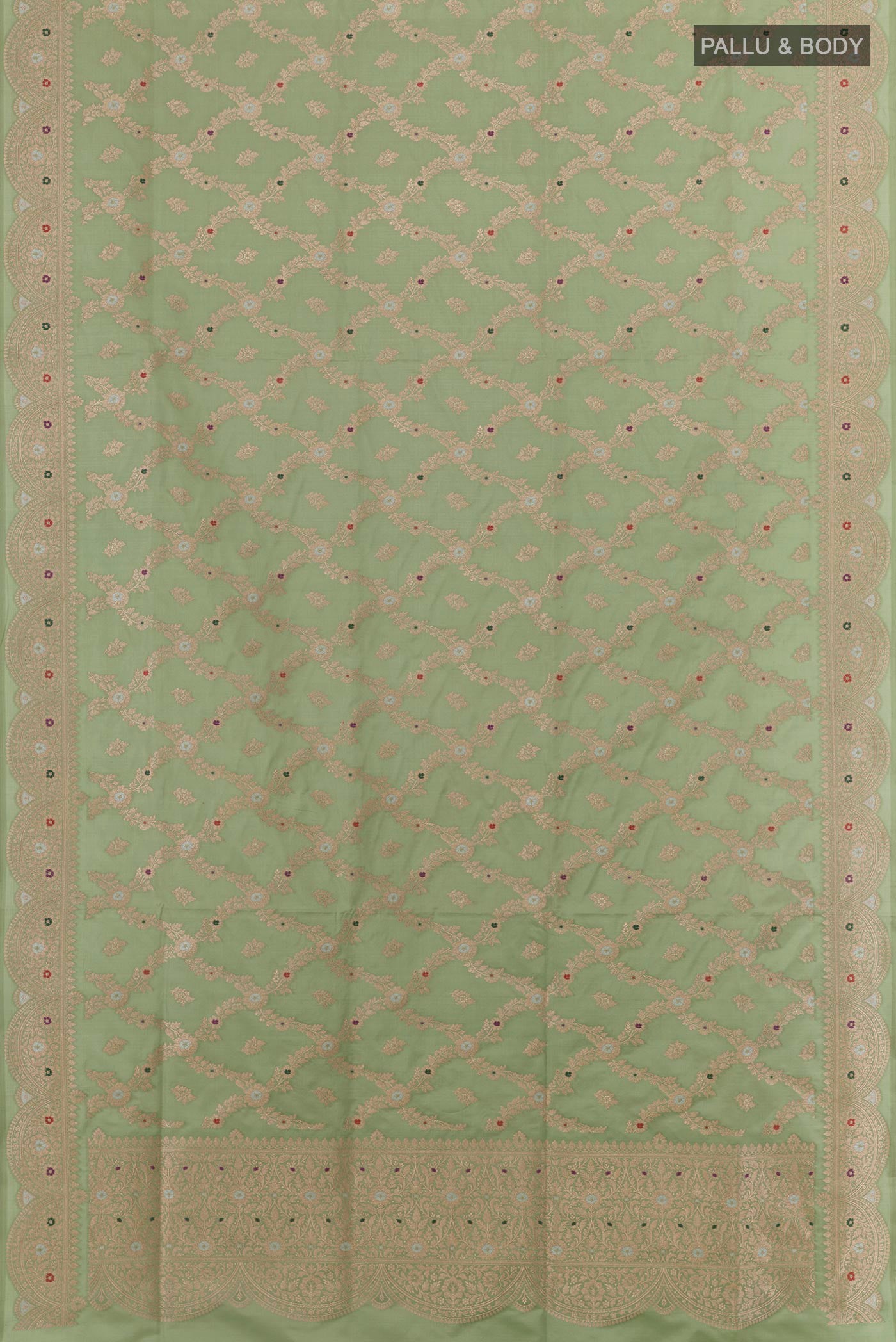 Flat view of Light Green Banarasi Silk Saree with Zari Brocade on the body and Zari Border. 