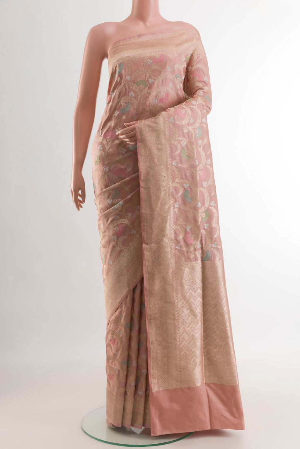 Rose Gold Banarasi Silk Saree with Zari Brocade on the body and Zari Border.  displayed on a mannequin
