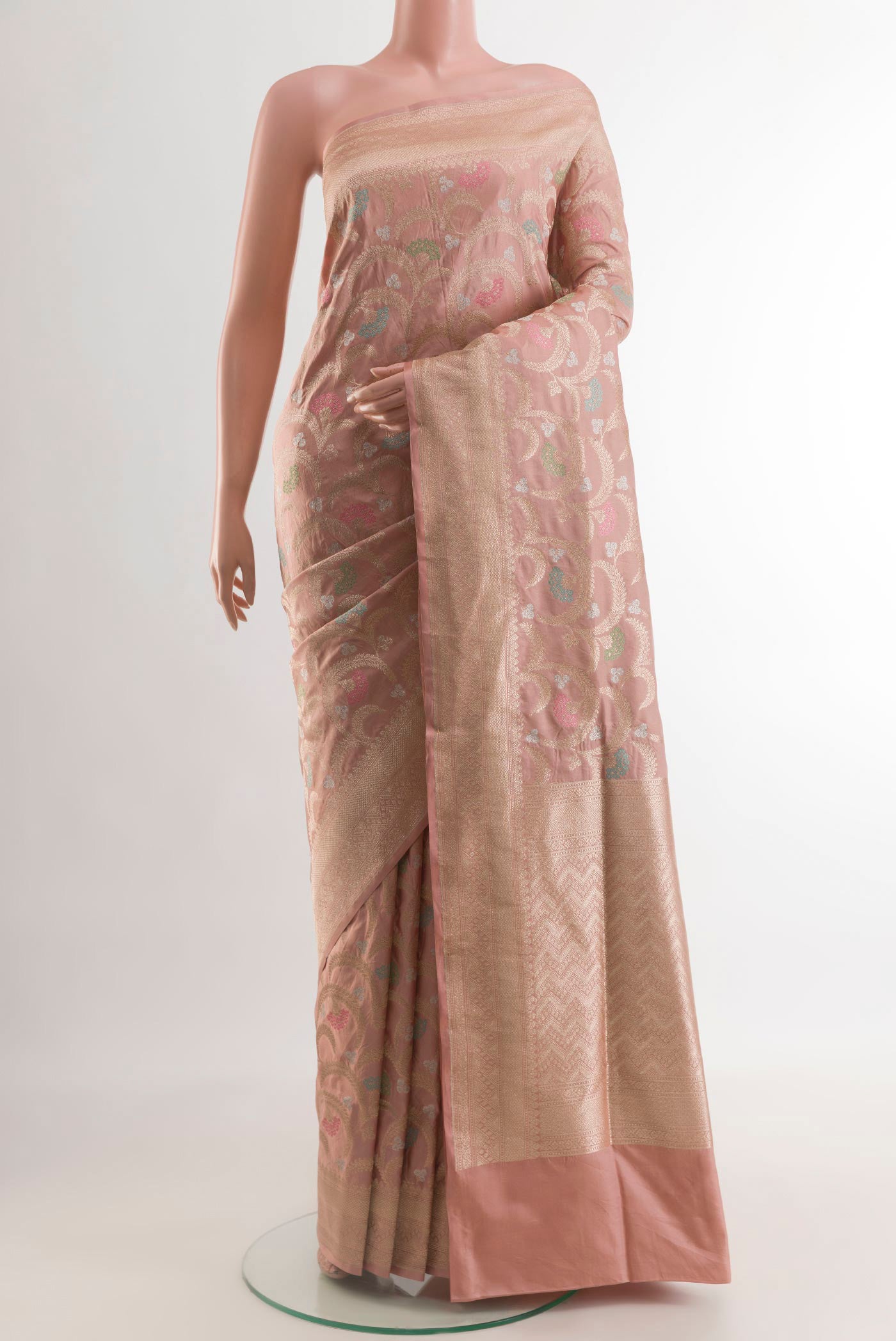 Rose Gold Banarasi Silk Saree with Zari Brocade on the body and Zari Border.  displayed on a mannequin