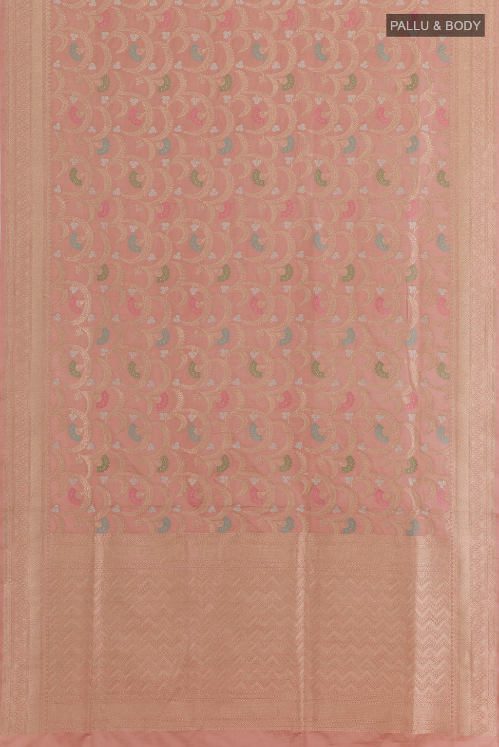 Flat view of Rose Gold Banarasi Silk Saree with Zari Brocade on the body and Zari Border. 
