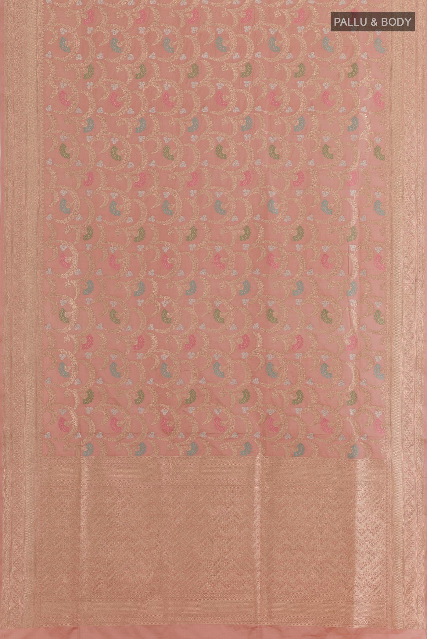 Flat view of Rose Gold Banarasi Silk Saree with Zari Brocade on the body and Zari Border. 