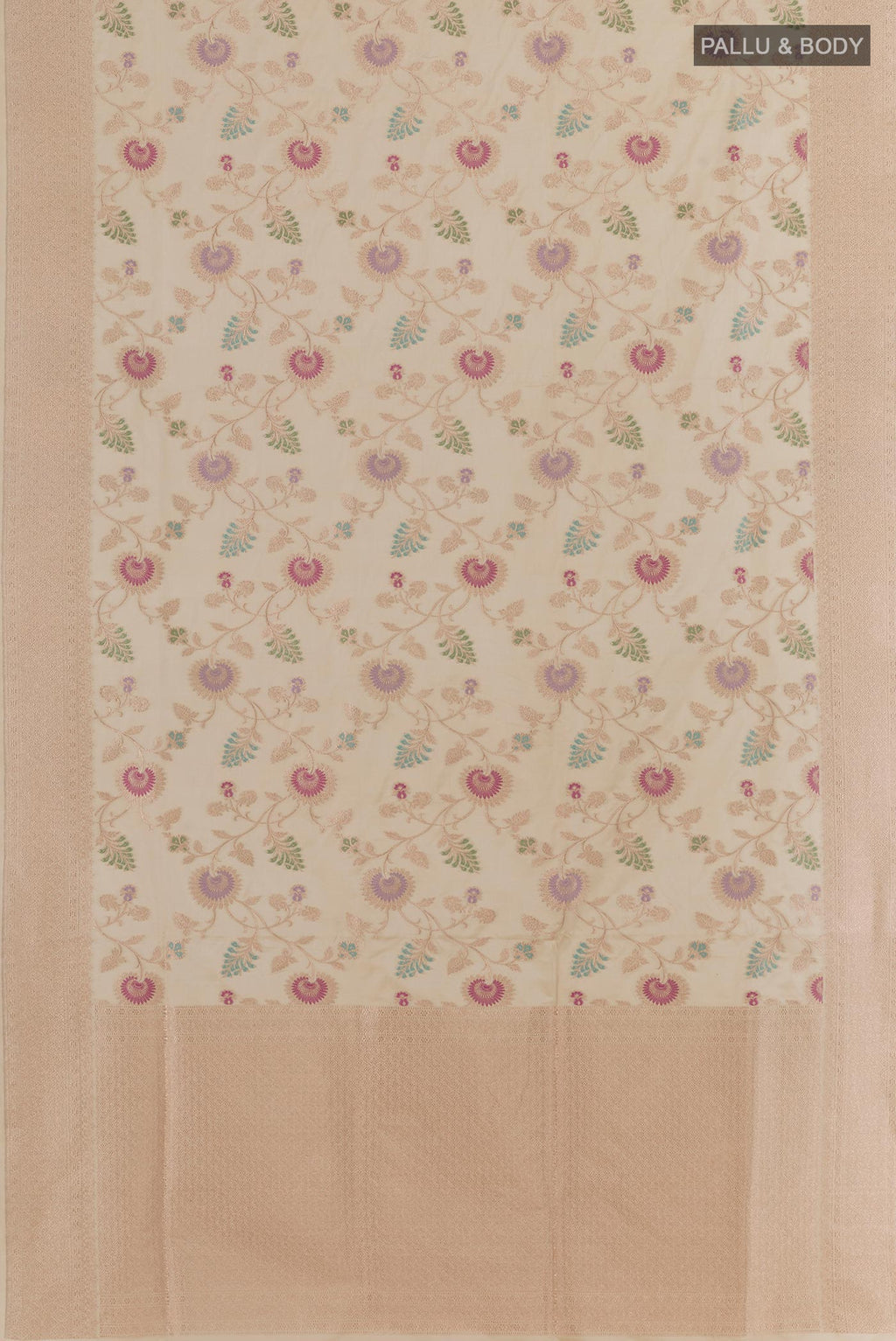 Flat view of Cream Banarasi Silk Saree with Zari Brocade on the body and Zari Border. 