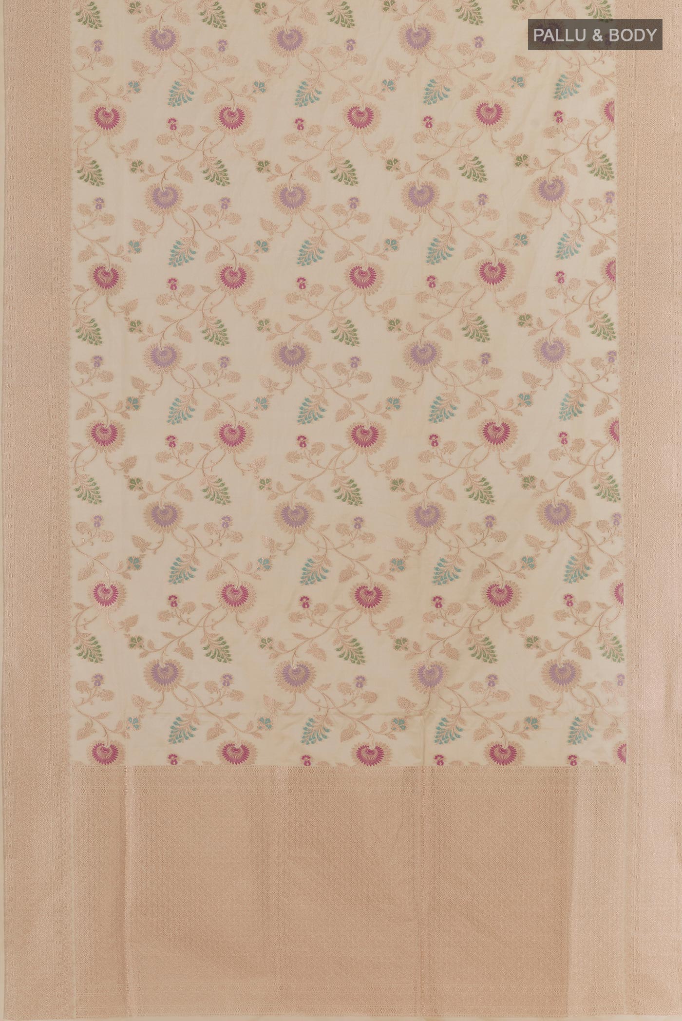 Flat view of Cream Banarasi Silk Saree with Zari Brocade on the body and Zari Border. 