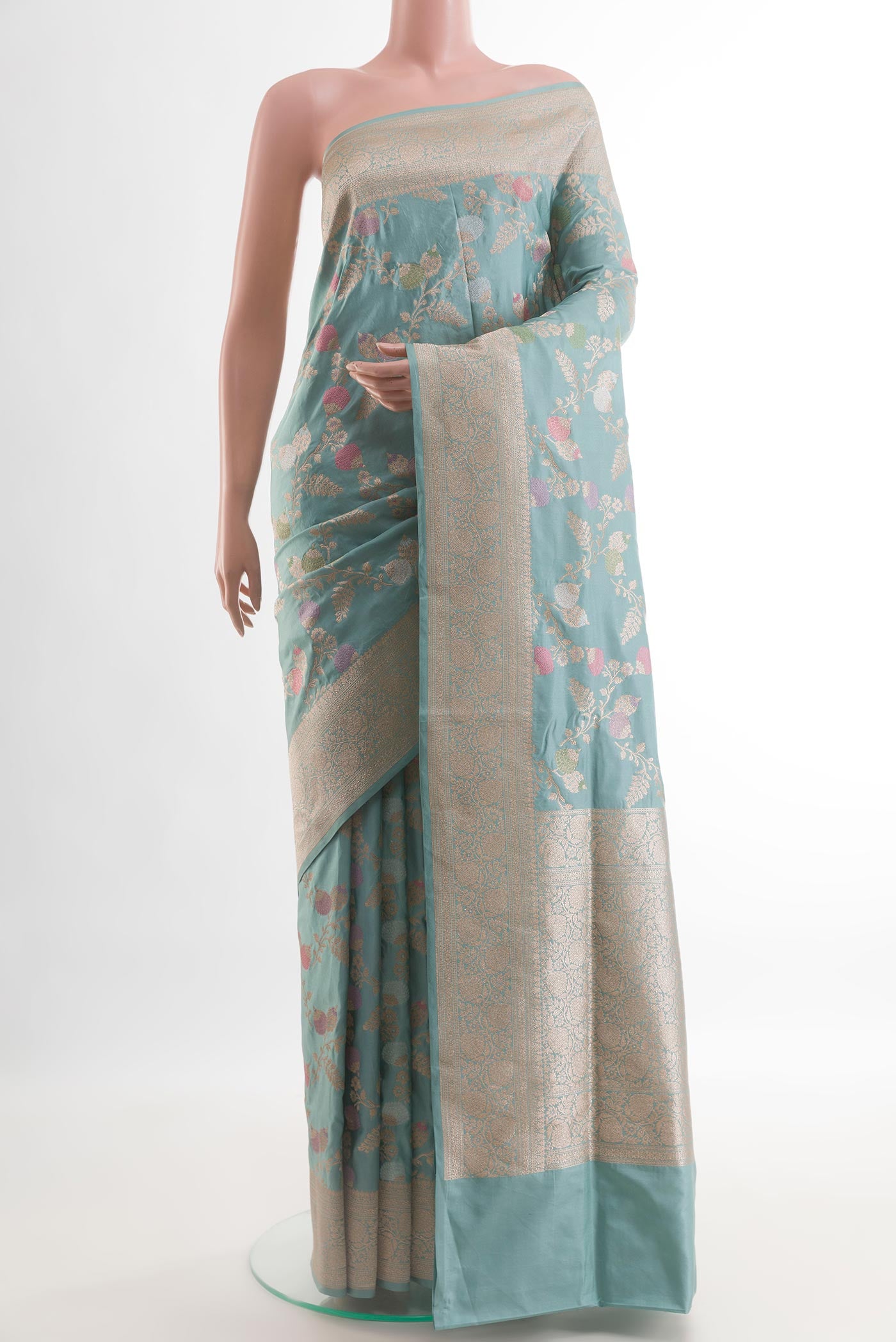 Blue Banarasi Silk Saree with Zari Brocade on the body and Zari Border.  displayed on a mannequin