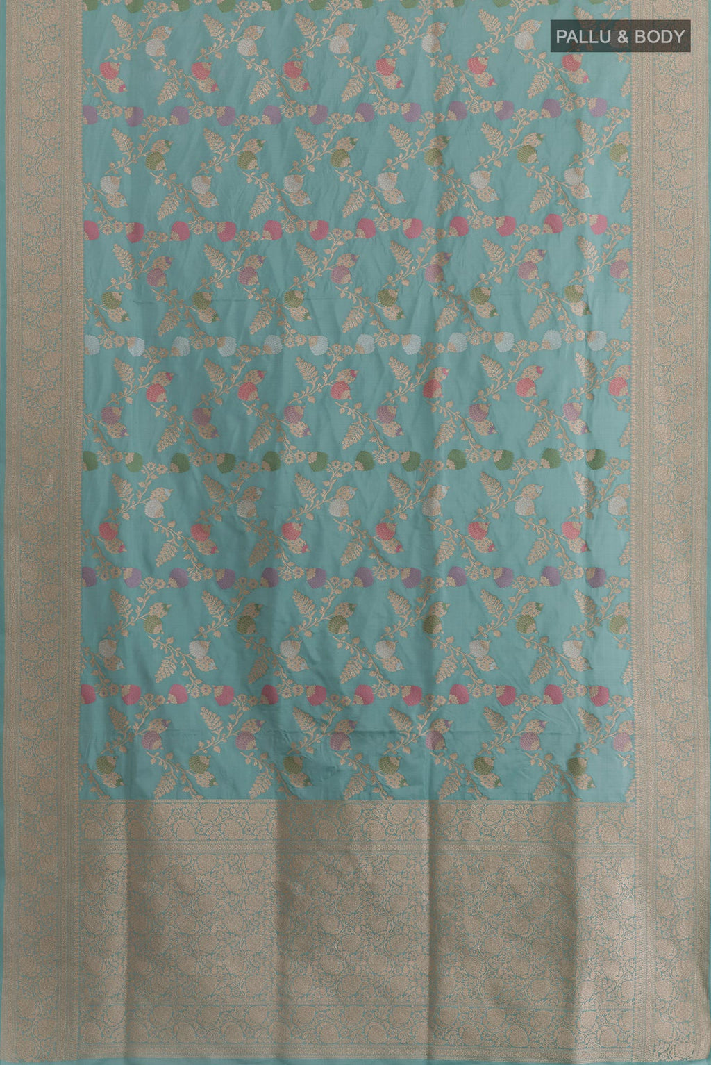 Flat view of Blue Banarasi Silk Saree with Zari Brocade on the body and Zari Border. 
