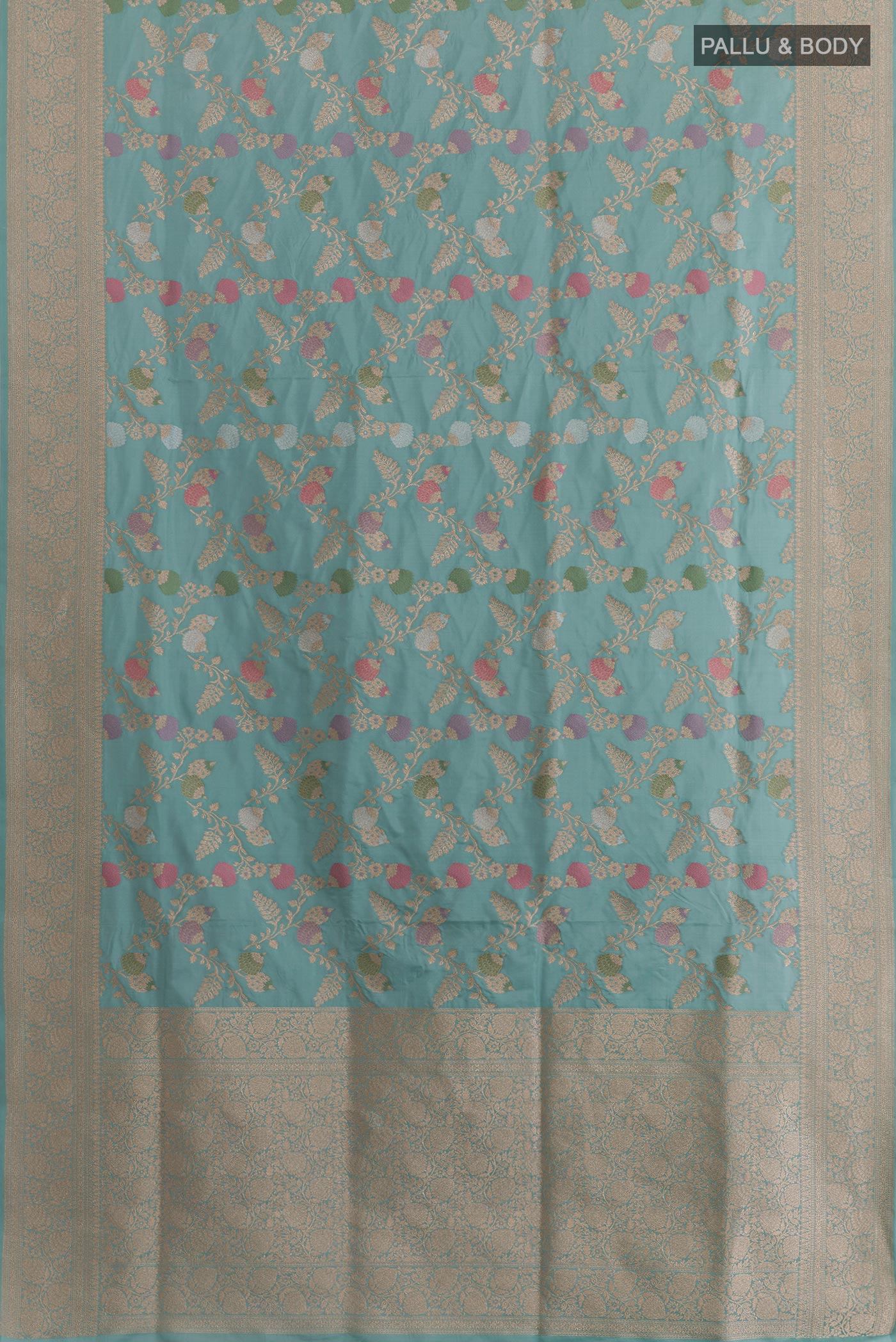 Flat view of Blue Banarasi Silk Saree with Zari Brocade on the body and Zari Border. 