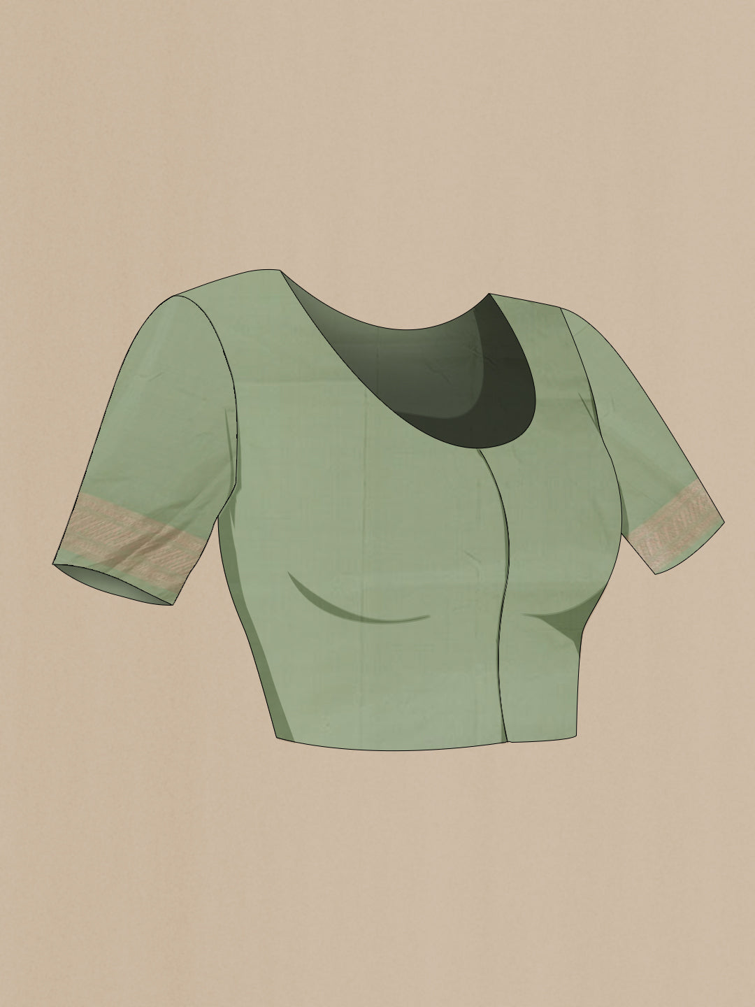 Close up image of the blouse of Sage Green Banarasi Silk Saree with Zari Brocade on the body and Zari Border. 