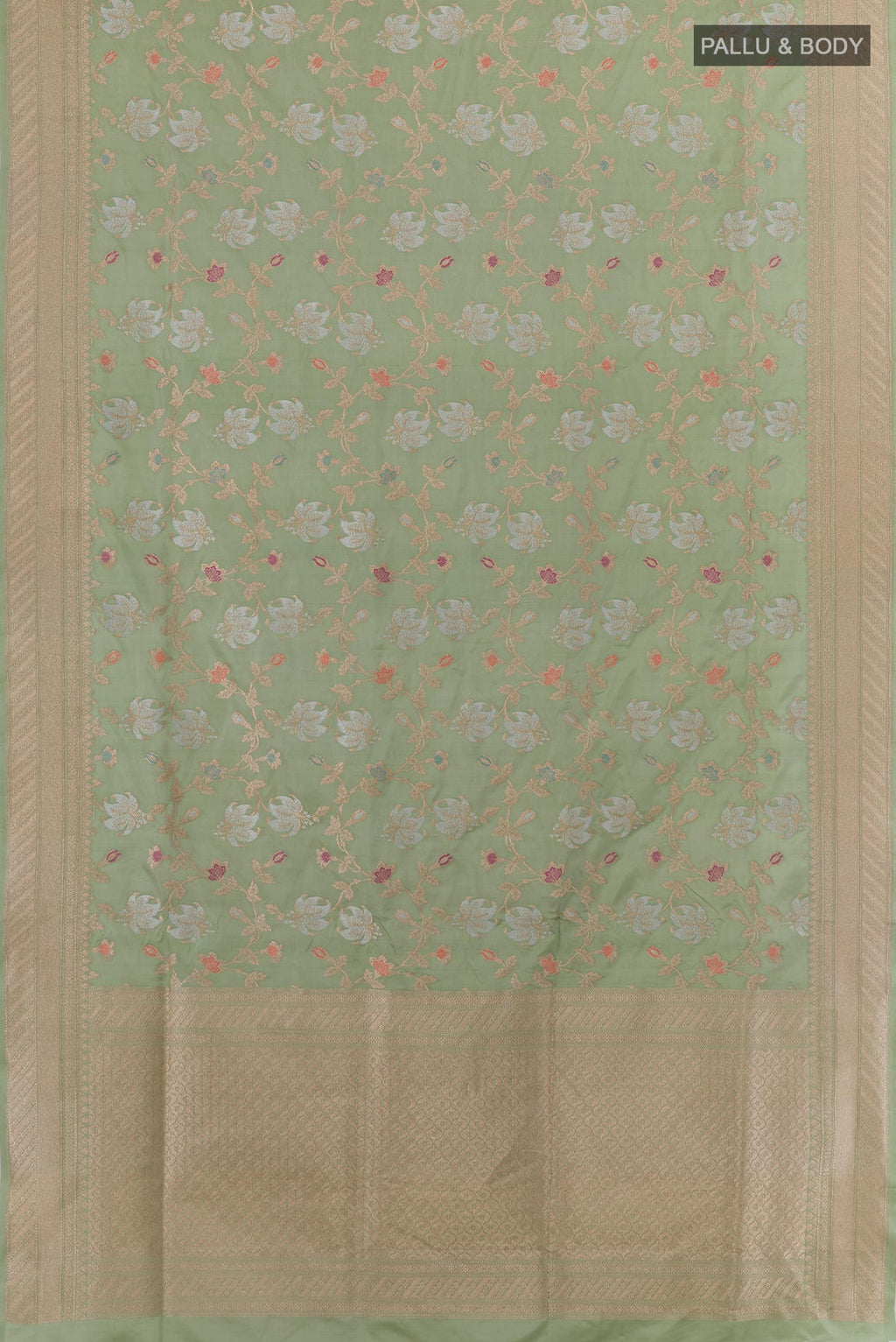 Flat view of Sage Green Banarasi Silk Saree with Zari Brocade on the body and Zari Border. 