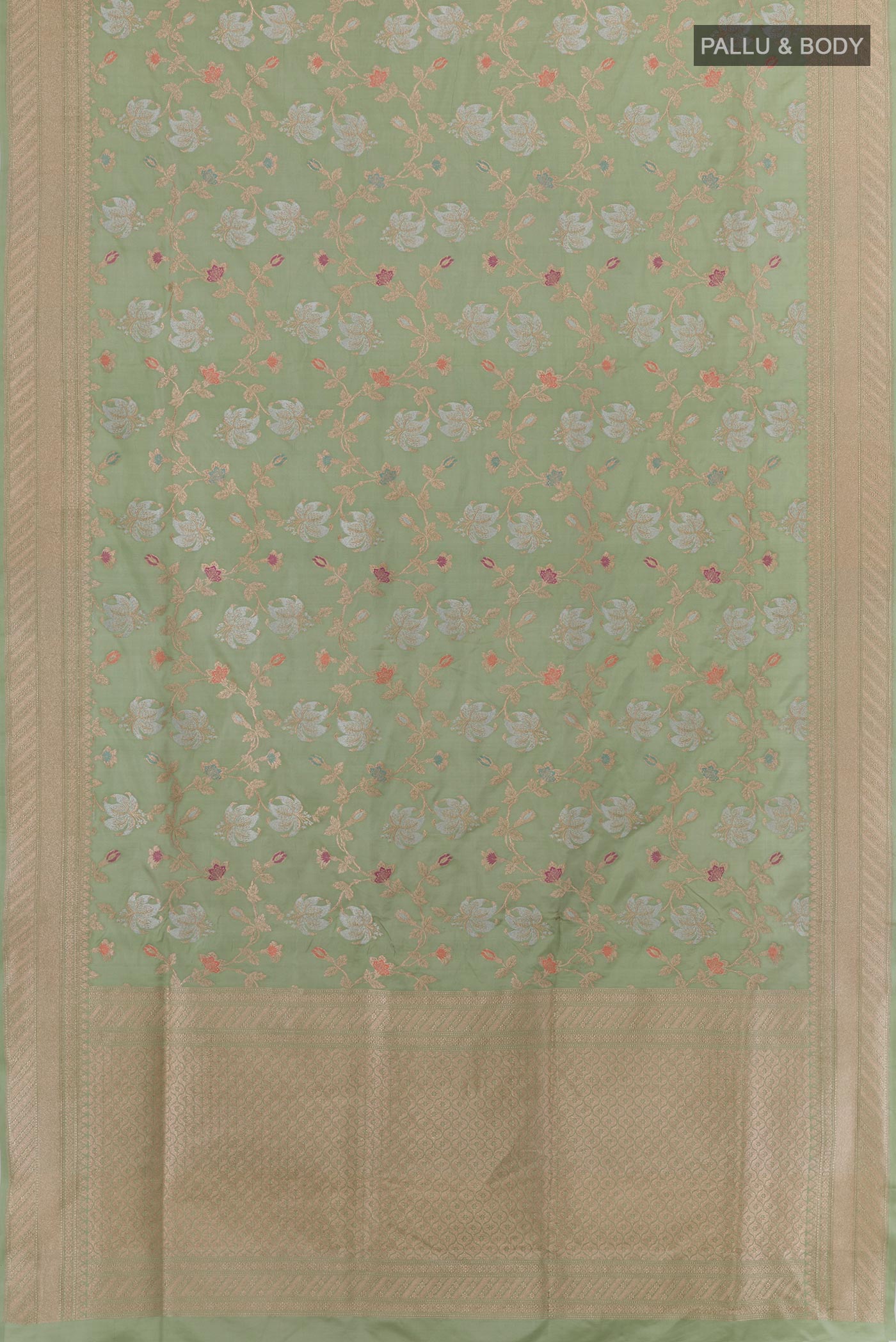 Flat view of Sage Green Banarasi Silk Saree with Zari Brocade on the body and Zari Border. 