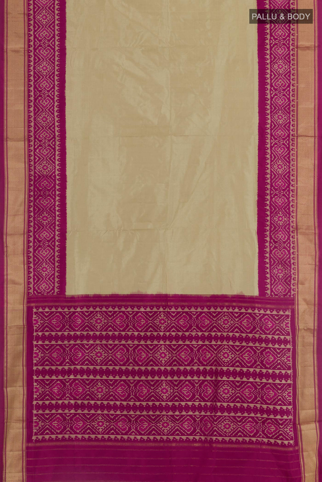 Flat view of Beige Pochampally Silk Saree with Plain Body and Ikat Border. 