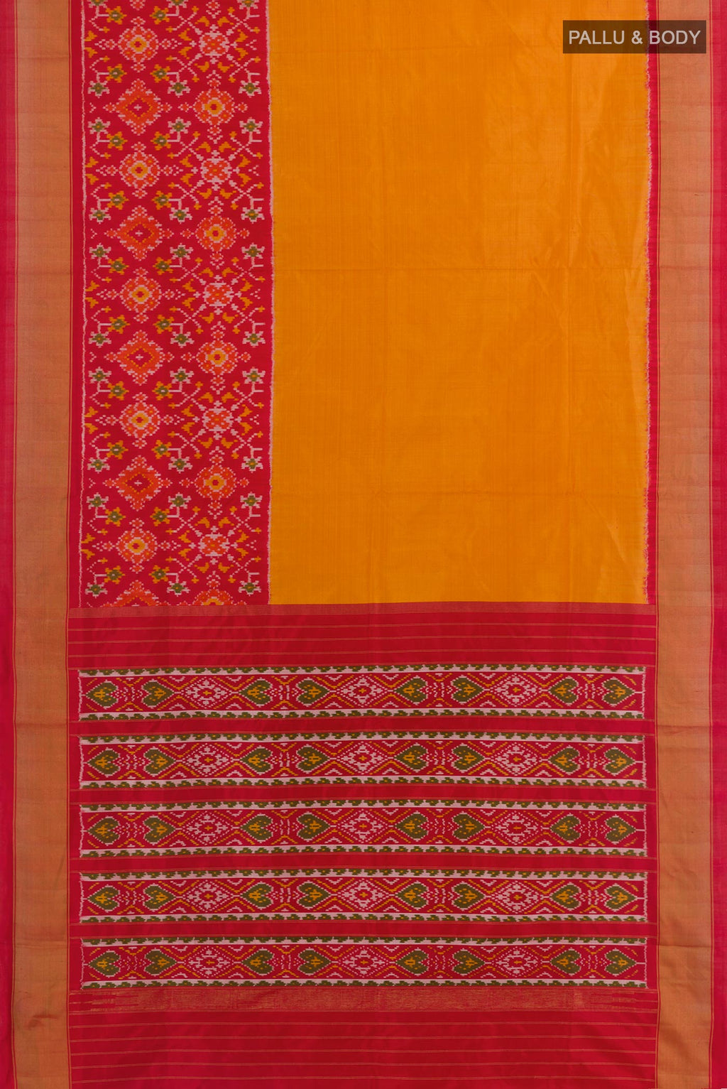 Flat view of Mustard Pochampally Silk Saree with Plain Body and Ikat Border. 