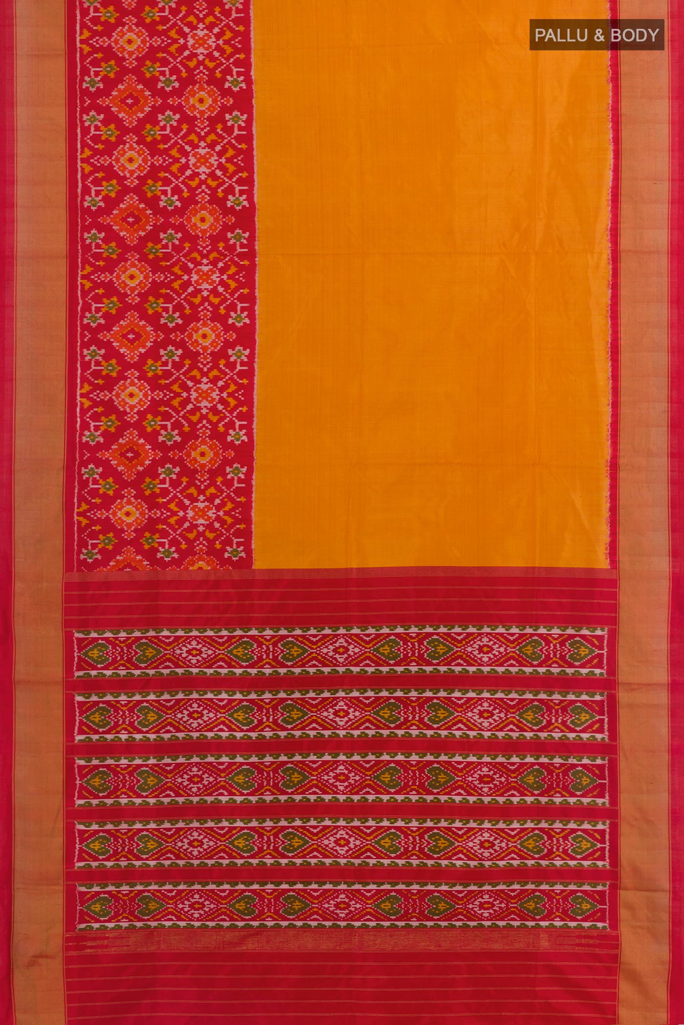 Flat view of Mustard Pochampally Silk Saree with Plain Body and Ikat Border. 