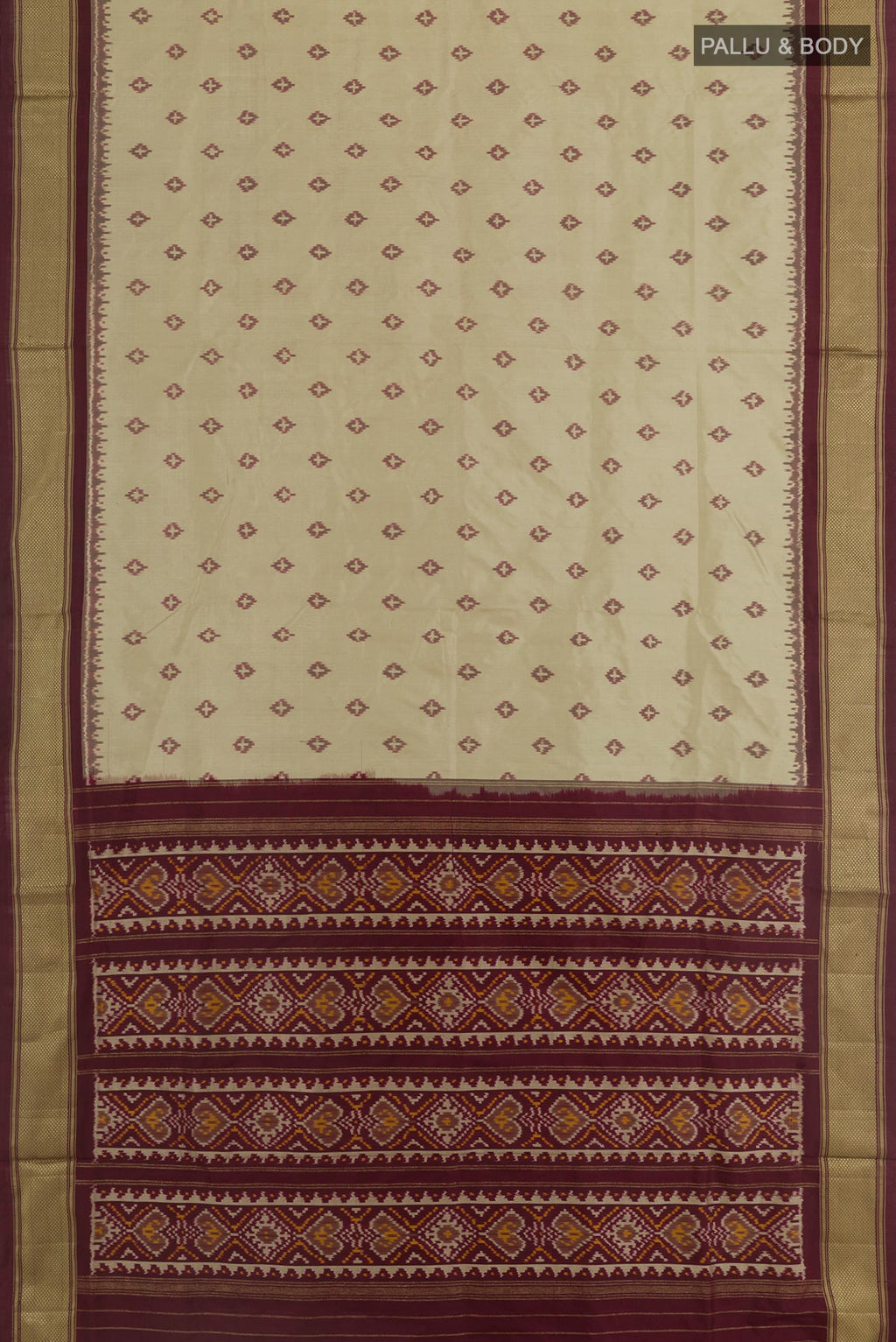 Flat view of Cream Pochampally Silk Saree with Pure Ikat on the body and Zari Border. 