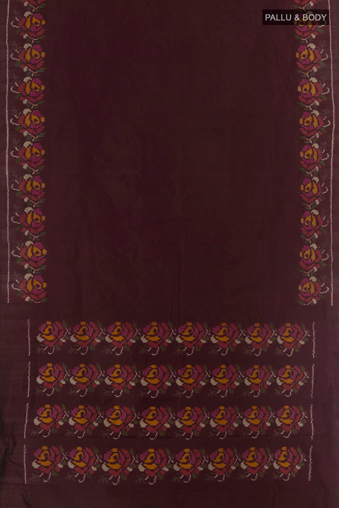 Flat view of Brown Pochampally Silk Saree with Plain Body and Ikat Border. 
