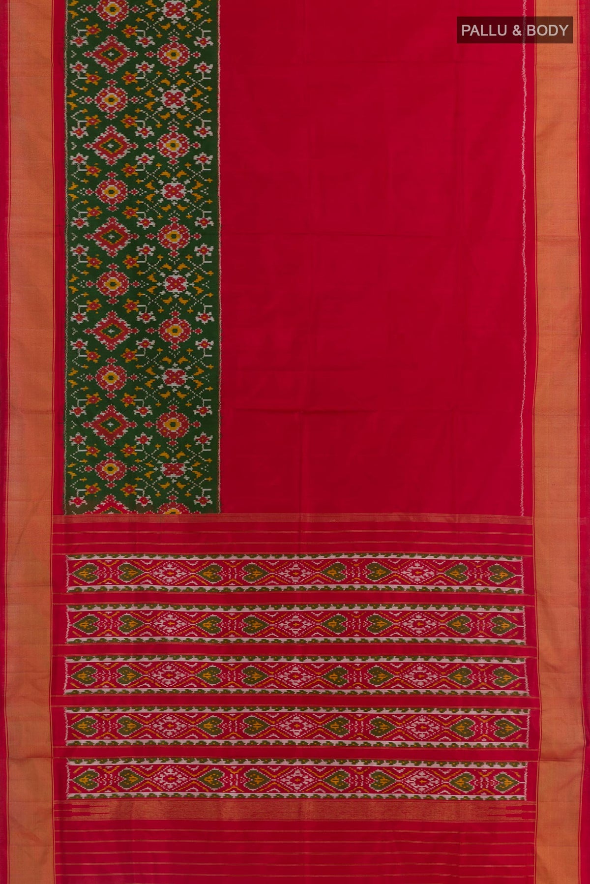 Flat view of Green Pochampally Silk Saree with Pure Ikat on the body and Zari Border. 