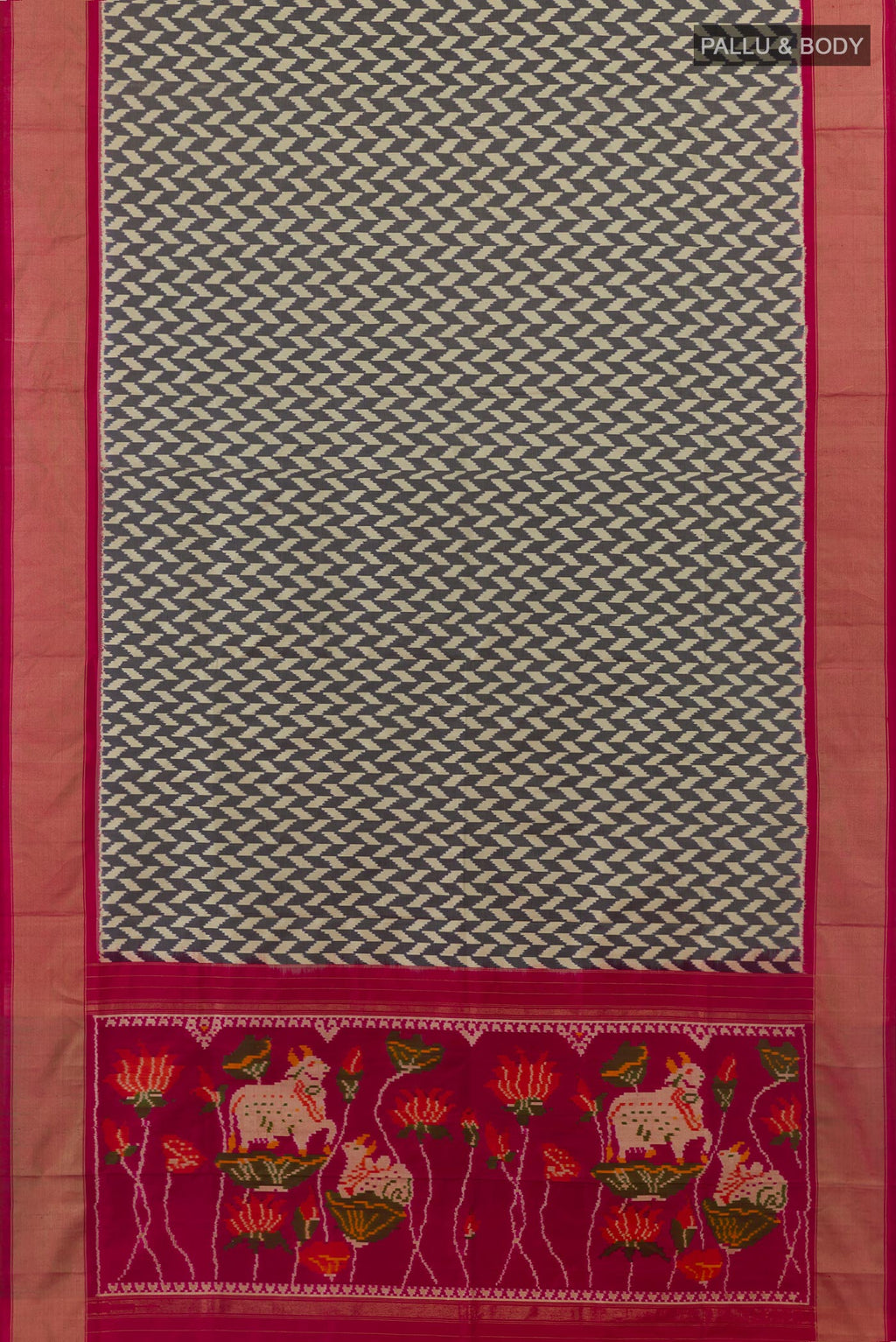 Flat view of Grey Pochampally Silk Saree with Pure Ikat on the body and Ikat Border. 