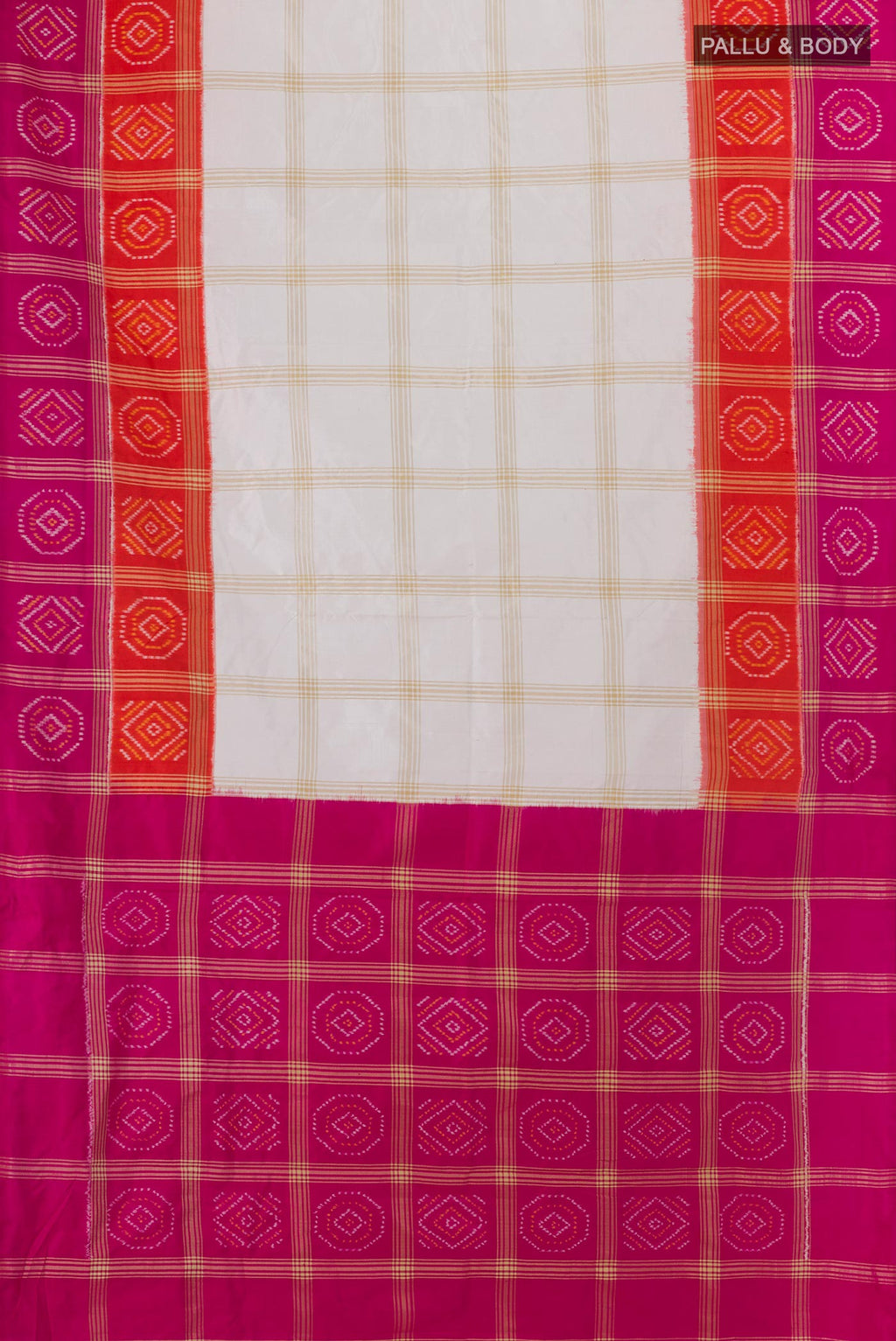Flat view of Off White Pochampally Silk Saree with Checked design on the body and Zari Border. 