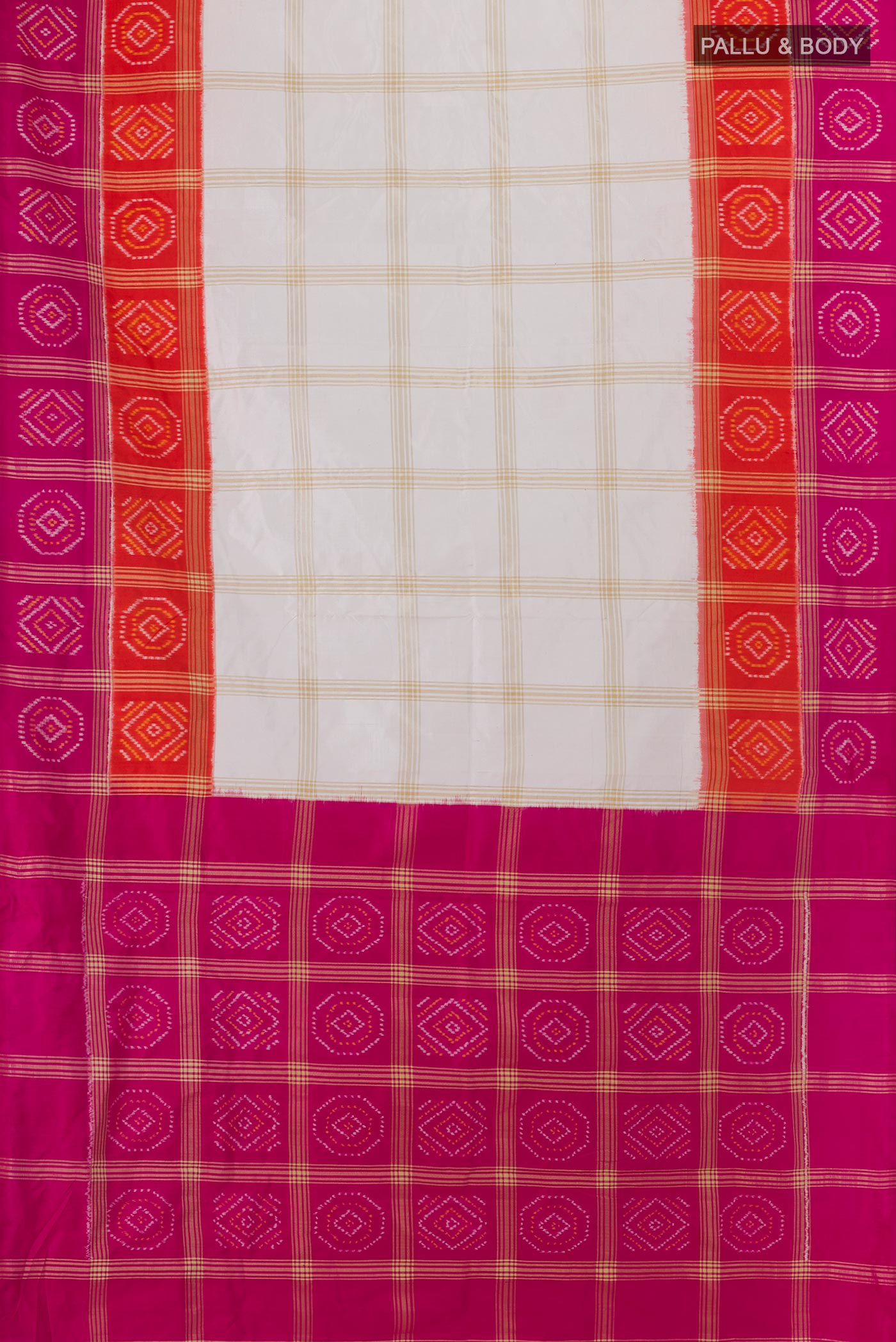 Flat view of Off White Pochampally Silk Saree with Checked design on the body and Zari Border. 