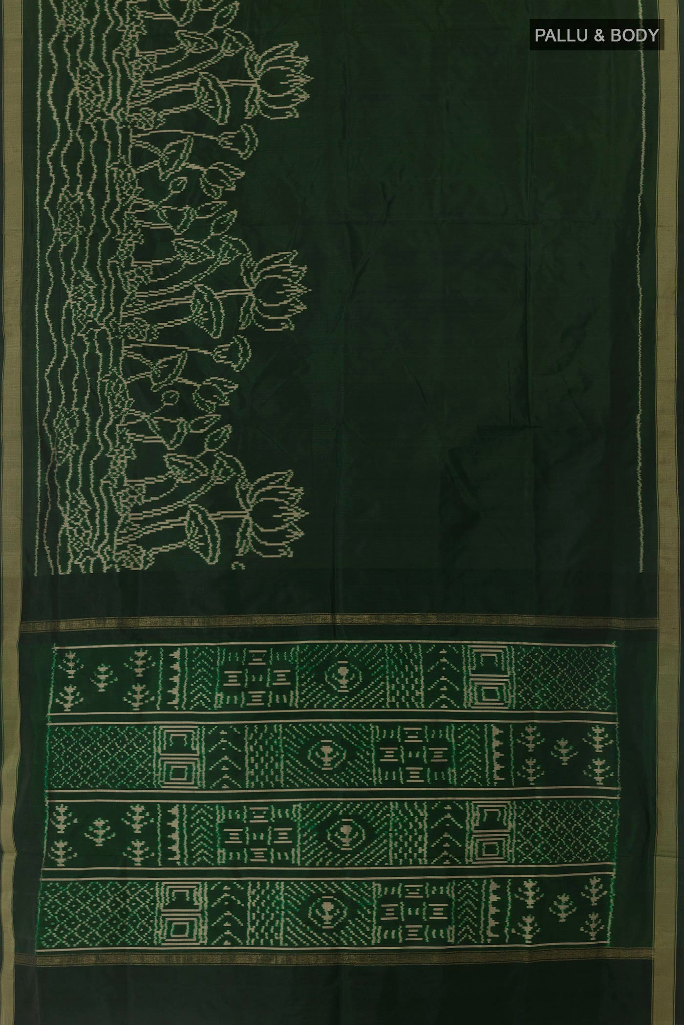 Flat view of Bottle Green Pochampally Silk Saree with Ikat design on the body and Ikat Border. 