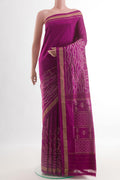 Purple Pochampally Silk Saree with Pure Ikat on the body and Zari Border.  displayed on a mannequin